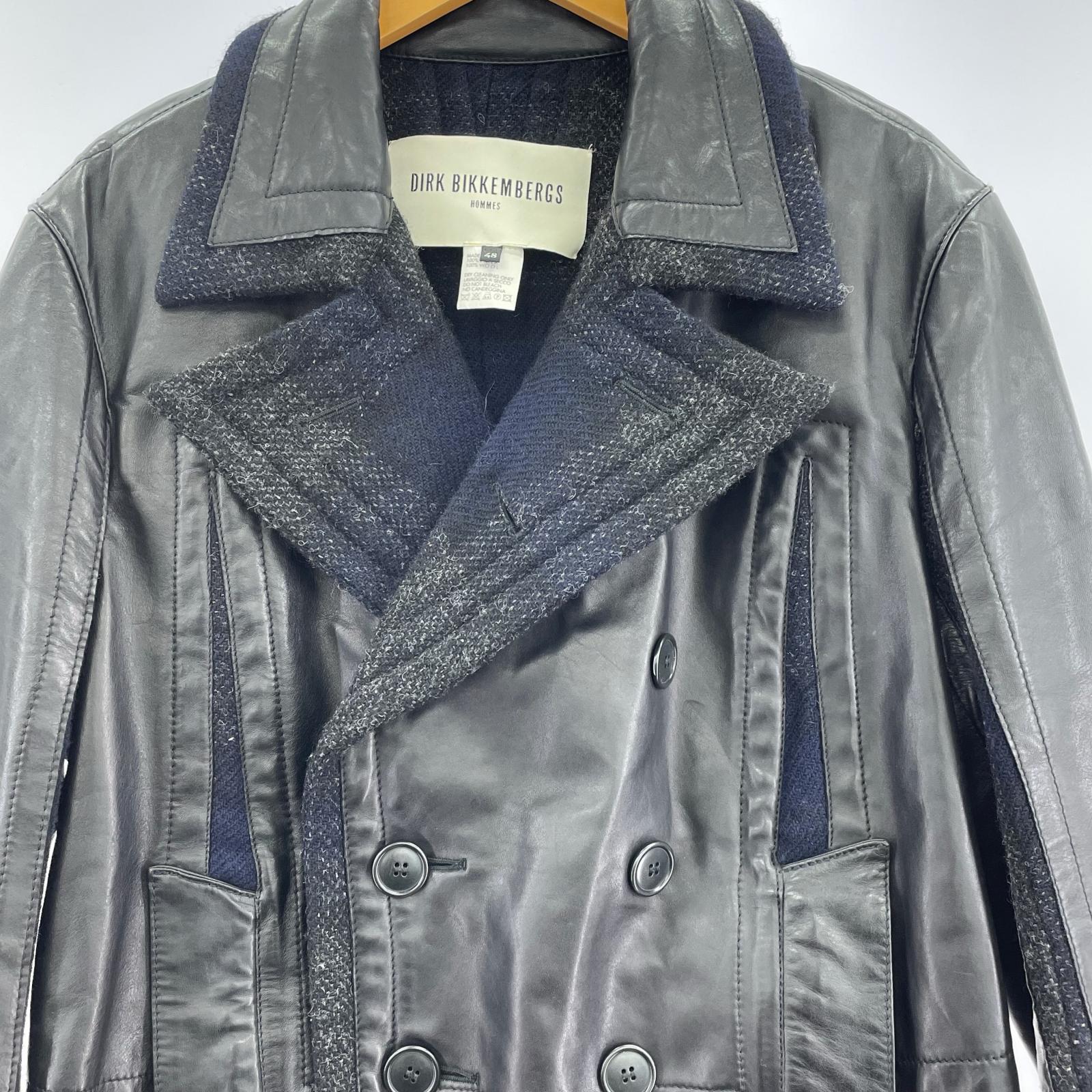 ジャケット DIRK BIKKEMBERGS レザー×ウール デザインダブルコート 48 ブラック