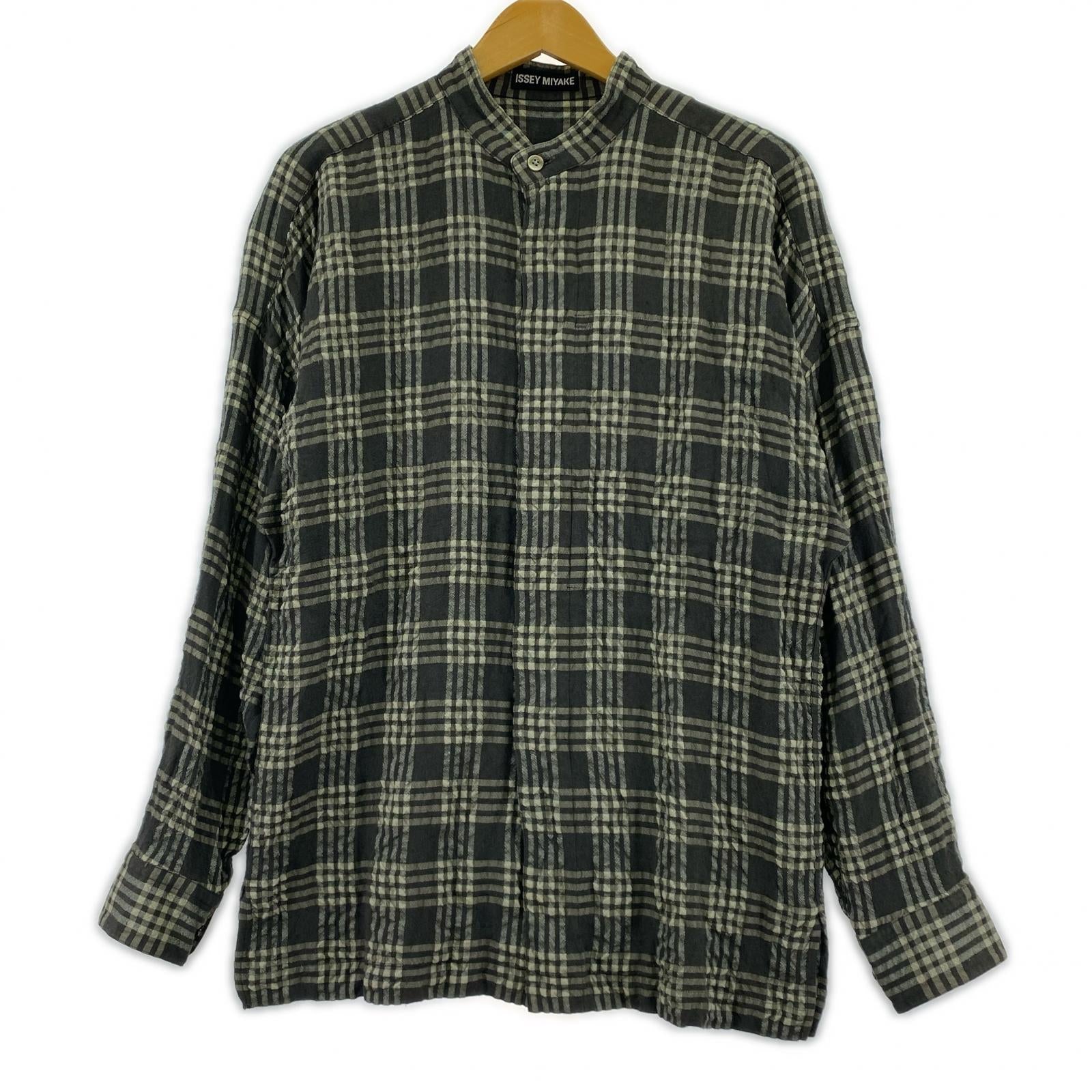 長袖シャツ ISSEY MIYAKE 90s頃 ウール×レーヨン 比翼 シワ加工バンドカラーチェックシャツ M 黒系 M