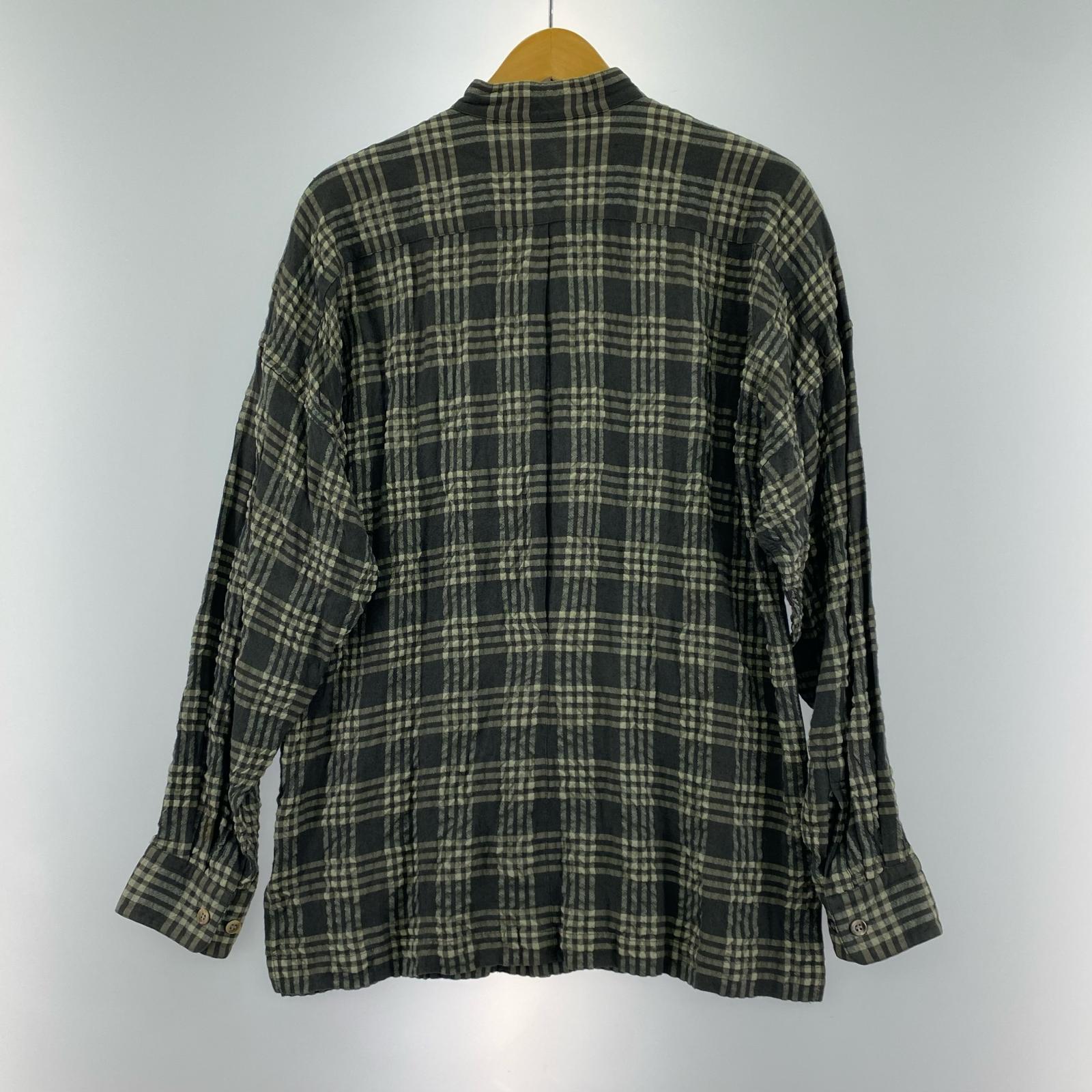 長袖シャツ ISSEY MIYAKE 90s頃 ウール×レーヨン 比翼 シワ加工バンドカラーチェックシャツ M 黒系 M