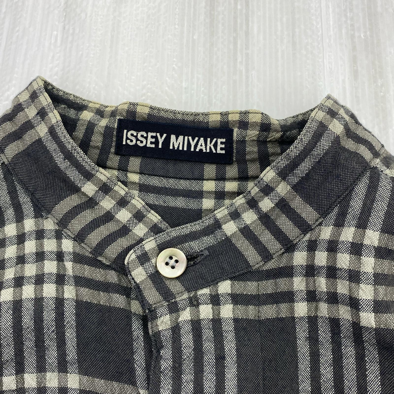 長袖シャツ ISSEY MIYAKE 90s頃 ウール×レーヨン 比翼 シワ加工バンドカラーチェックシャツ M 黒系 M