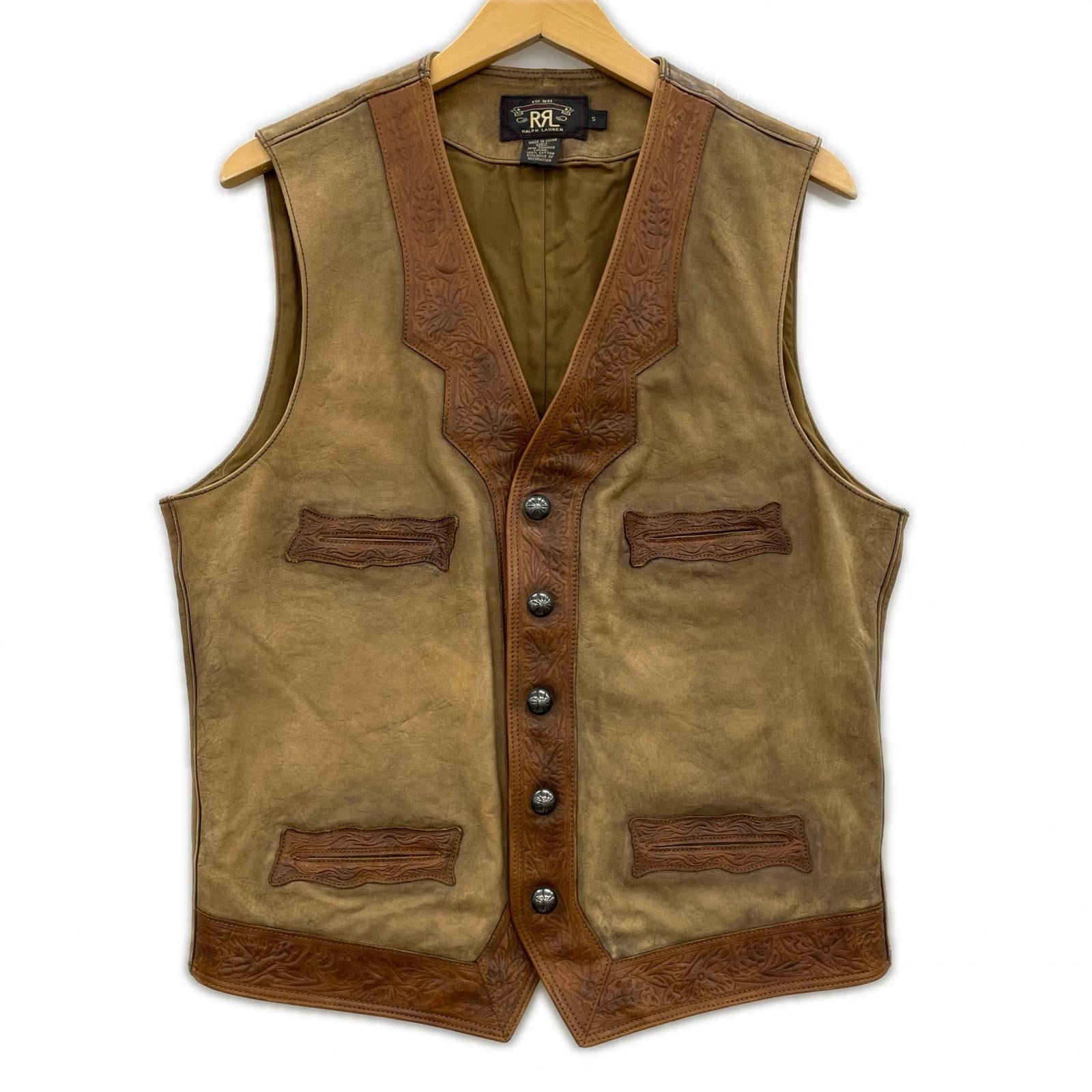 その他アウター RRL TOOLED PIPING LEATHER VEST S S ブラウン