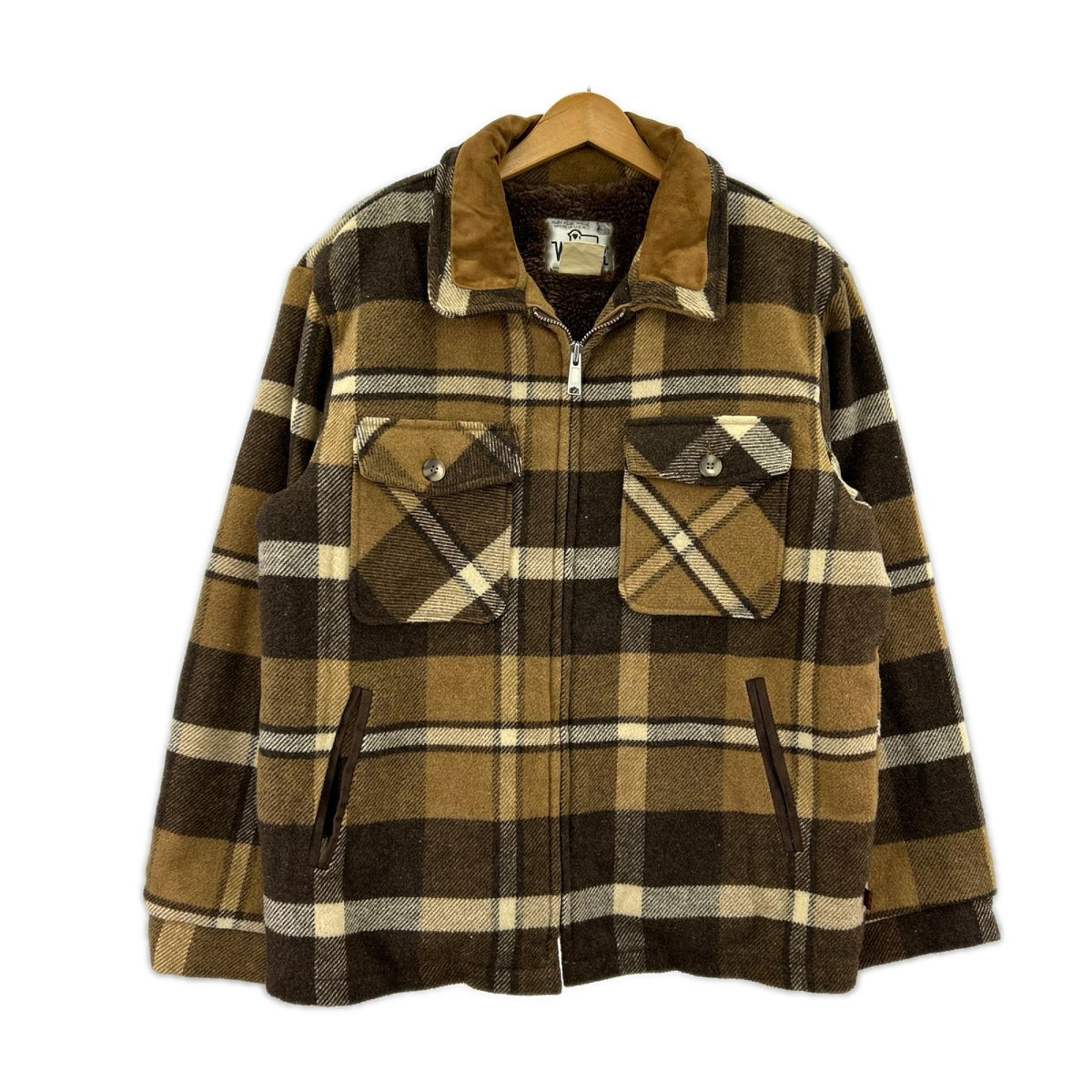ジャケット 70s ウール 裏地ボア チェック 茶 (XL) ブラウン