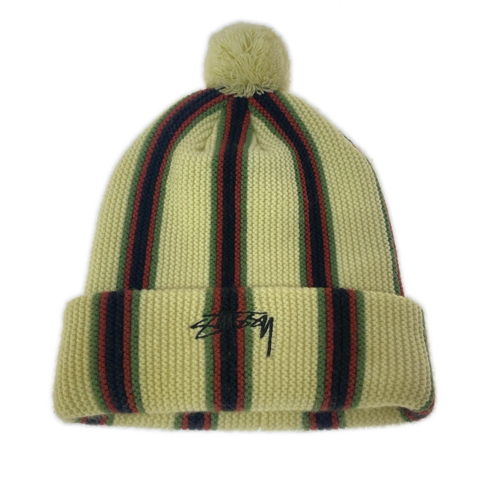 ニットキャップ Striped Pom Beanie ストライプ ベージュ