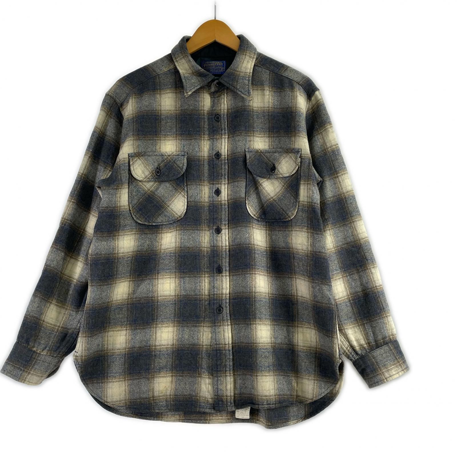 長袖シャツ 70s USA製 シャドーチェック ボードシャツ (L) ネイビー×ベージュ系 L