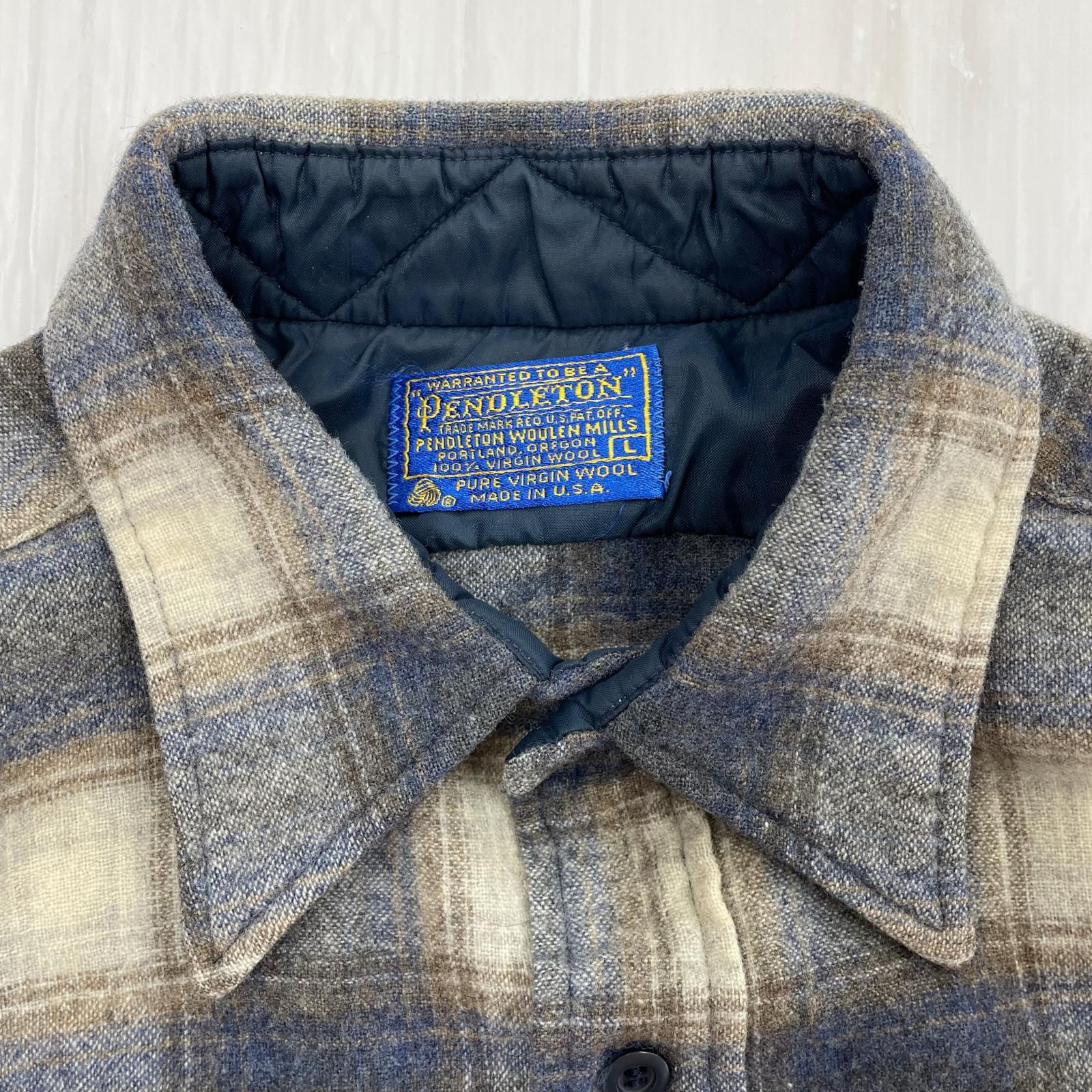 長袖シャツ 70s USA製 シャドーチェック ボードシャツ (L) ネイビー×ベージュ系 L
