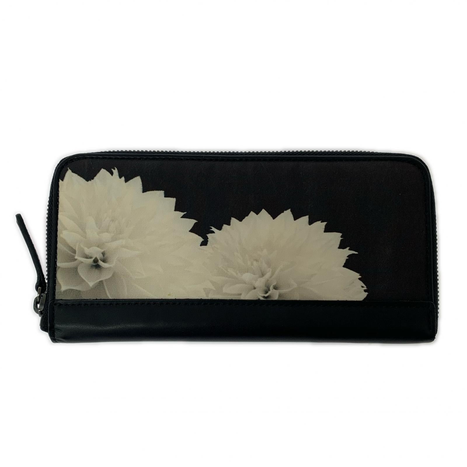 長財布 Discord Yohji Yamamoto フラワープリント レザー ラウンドジップロングウォレット ブラック ブラック
