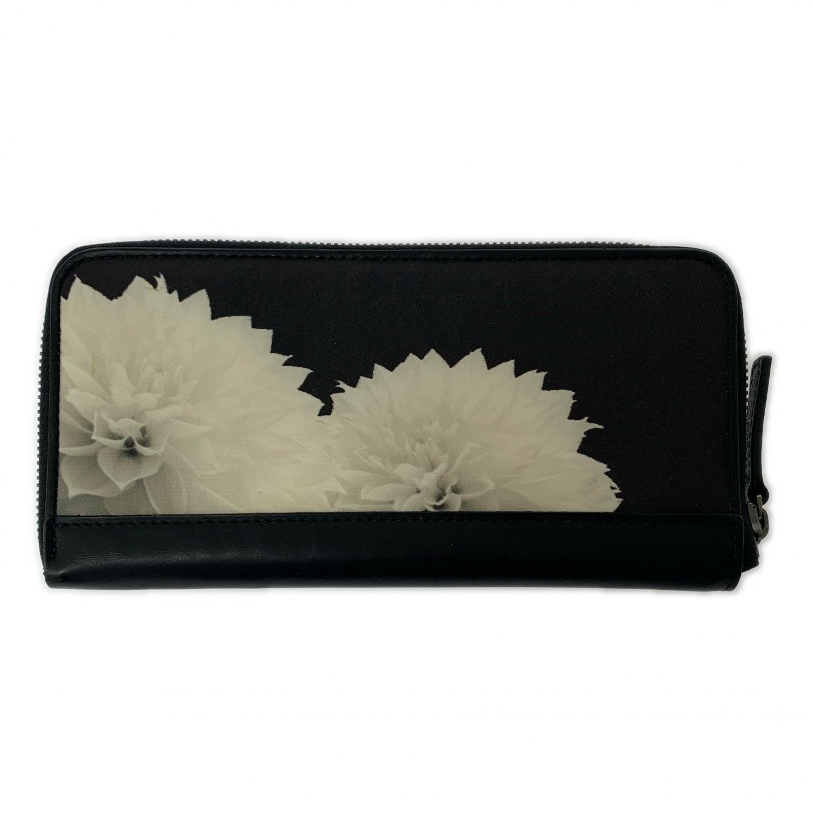 長財布 Discord Yohji Yamamoto フラワープリント レザー ラウンドジップロングウォレット ブラック ブラック