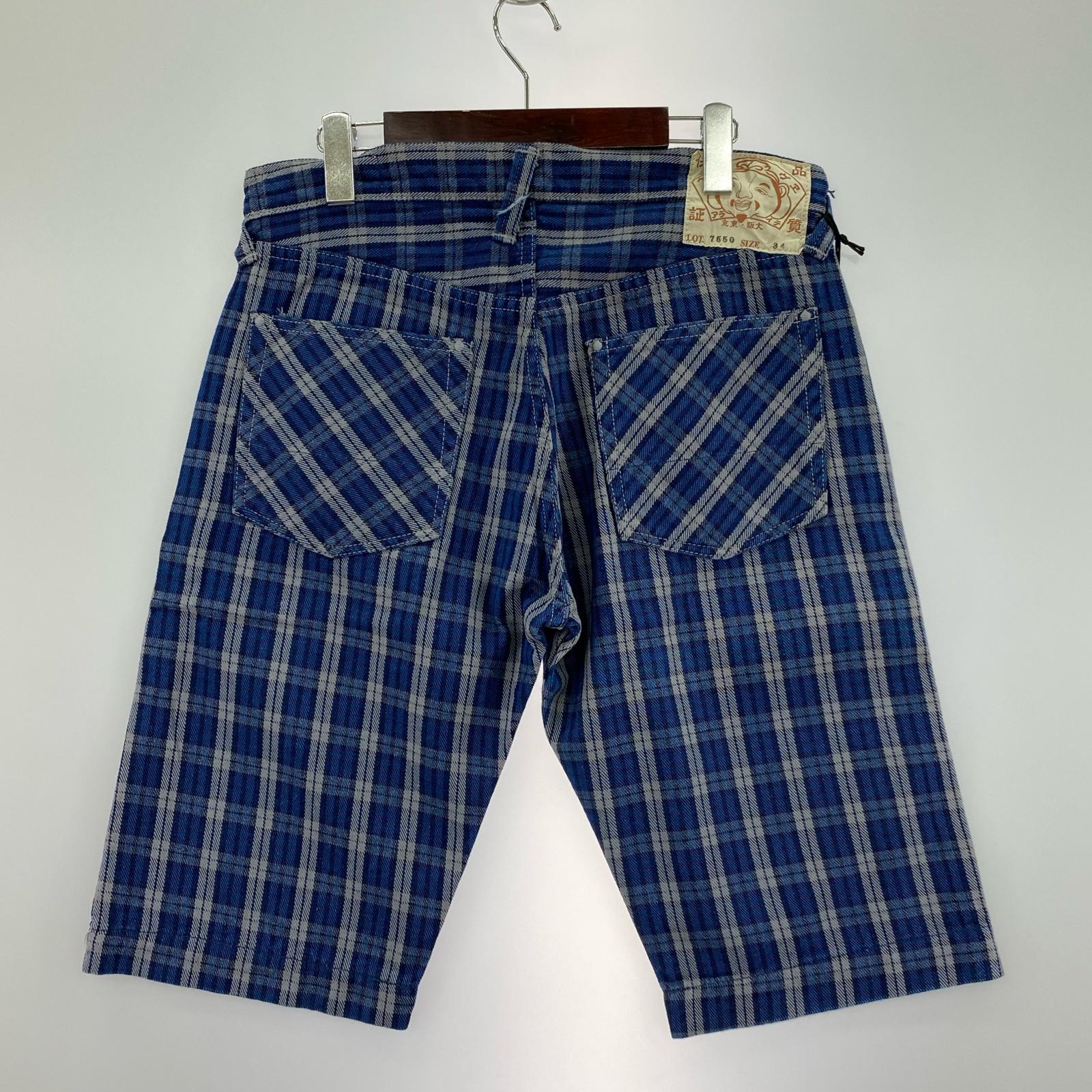 ショートパンツ EVISU Lot.7550 チェックショーツ W34 ネイビー 34 ブルー