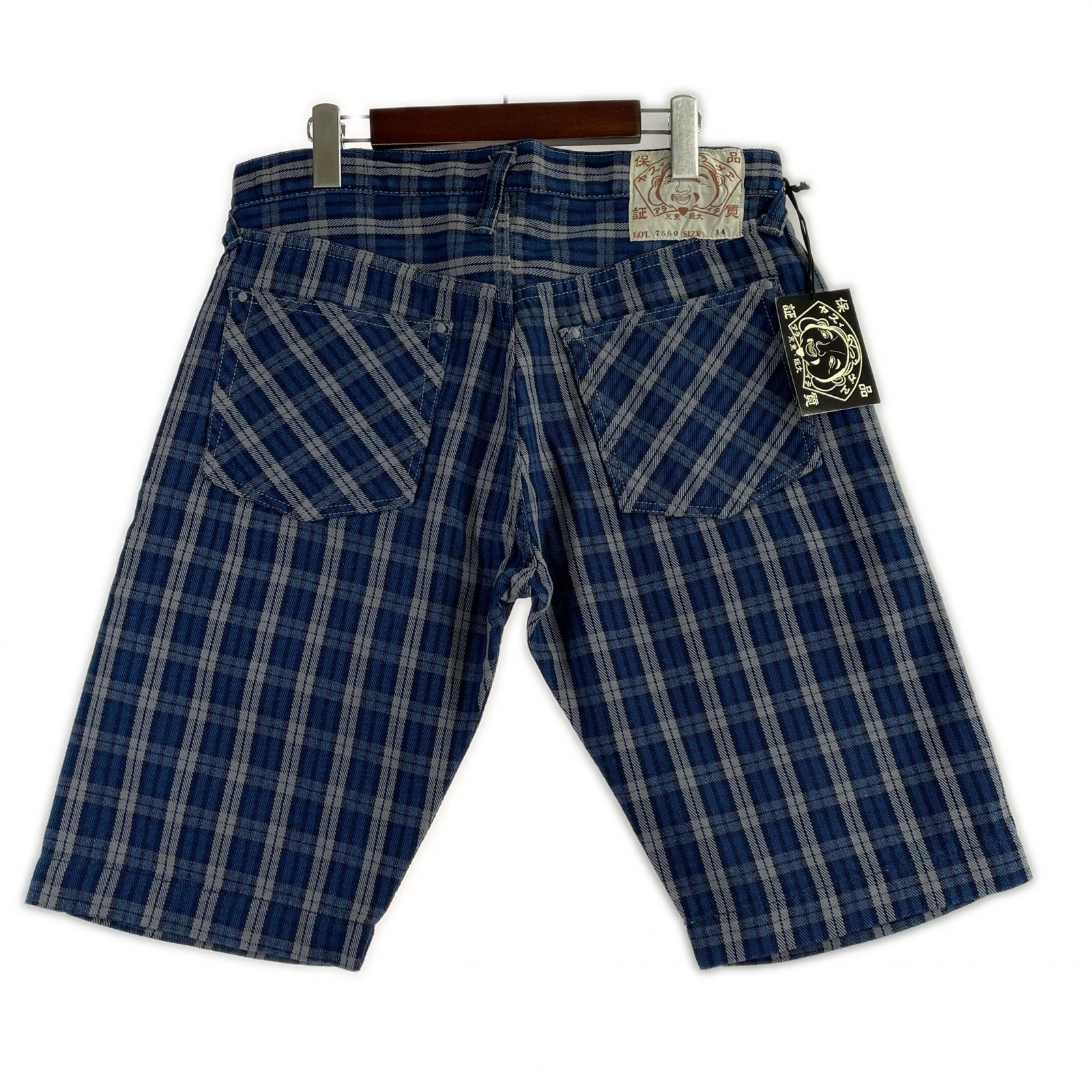 ショートパンツ EVISU Lot.7550 チェックショーツ W34 ネイビー 34 ブルー