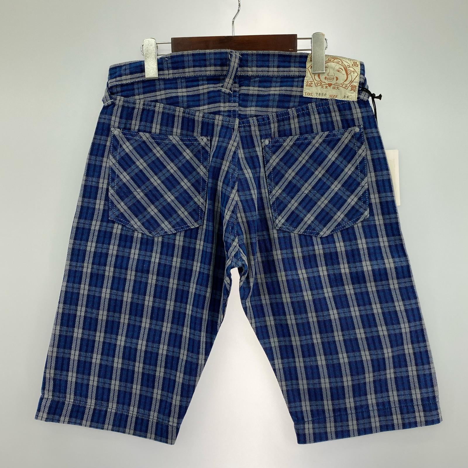 ショートパンツ EVISU Lot.7550 チェックショーツ W34 ネイビー 34 ブルー