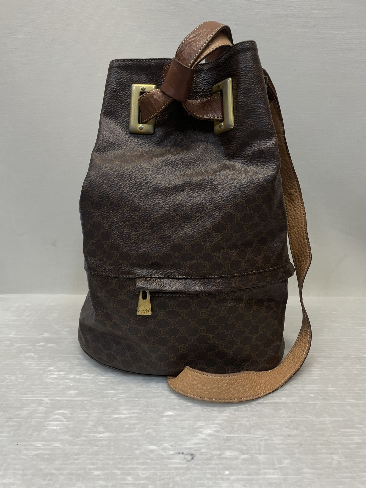 OLD CELINE マカダム柄 PVC 巾着型 ワンショルダーバッグ ブラウン