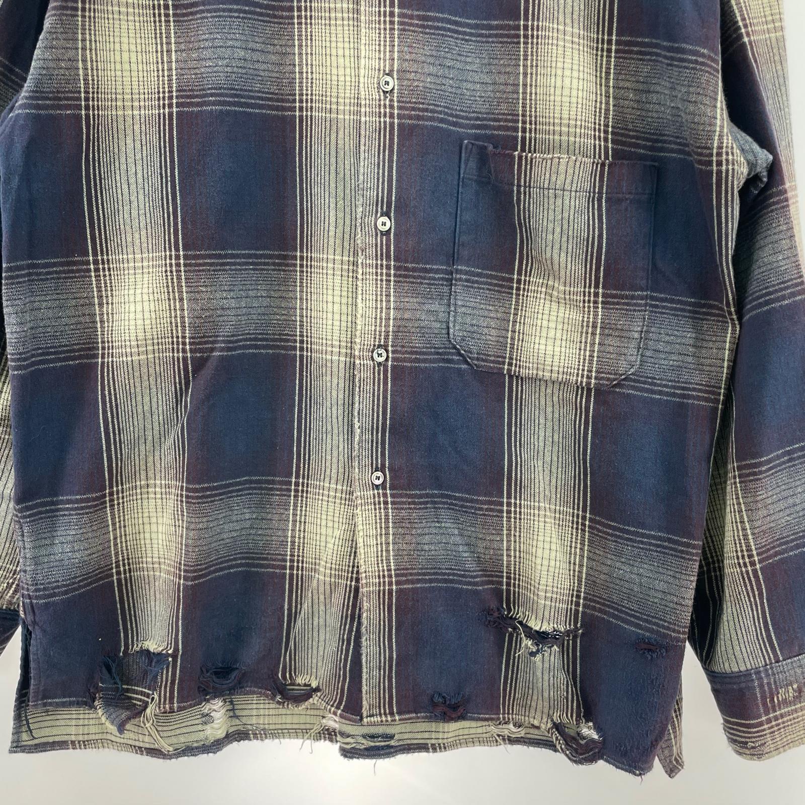 長袖シャツ ANCELLM 23AW DAMAGED FLANNEL CHECK SHIRT ダメージネルシャツ 3 ネイビー系