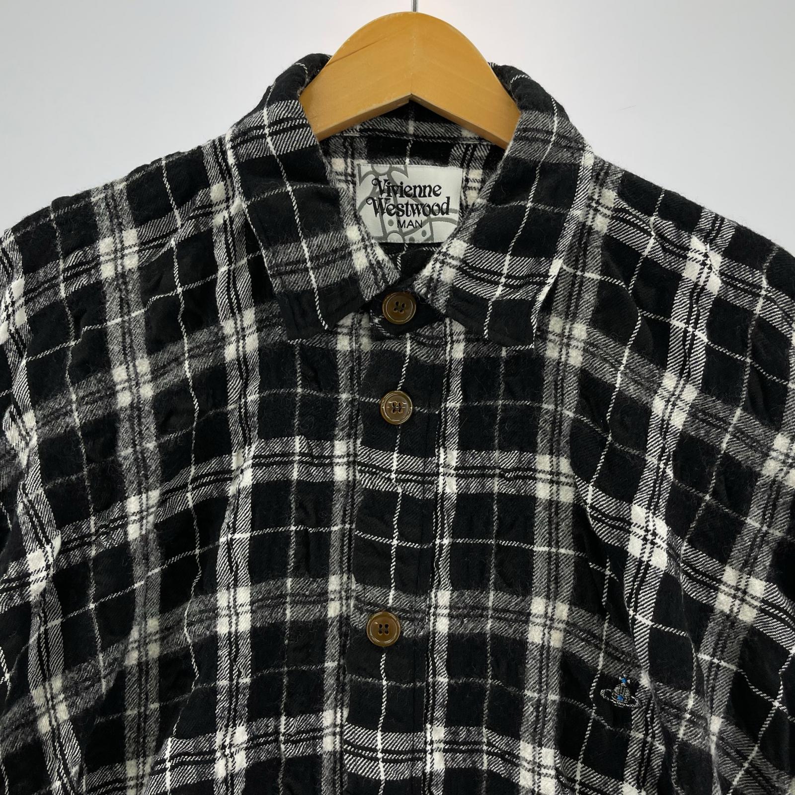 長袖シャツ Vivienne Westwood Men ウールシャツ チェック 黒白 フリー ブラック