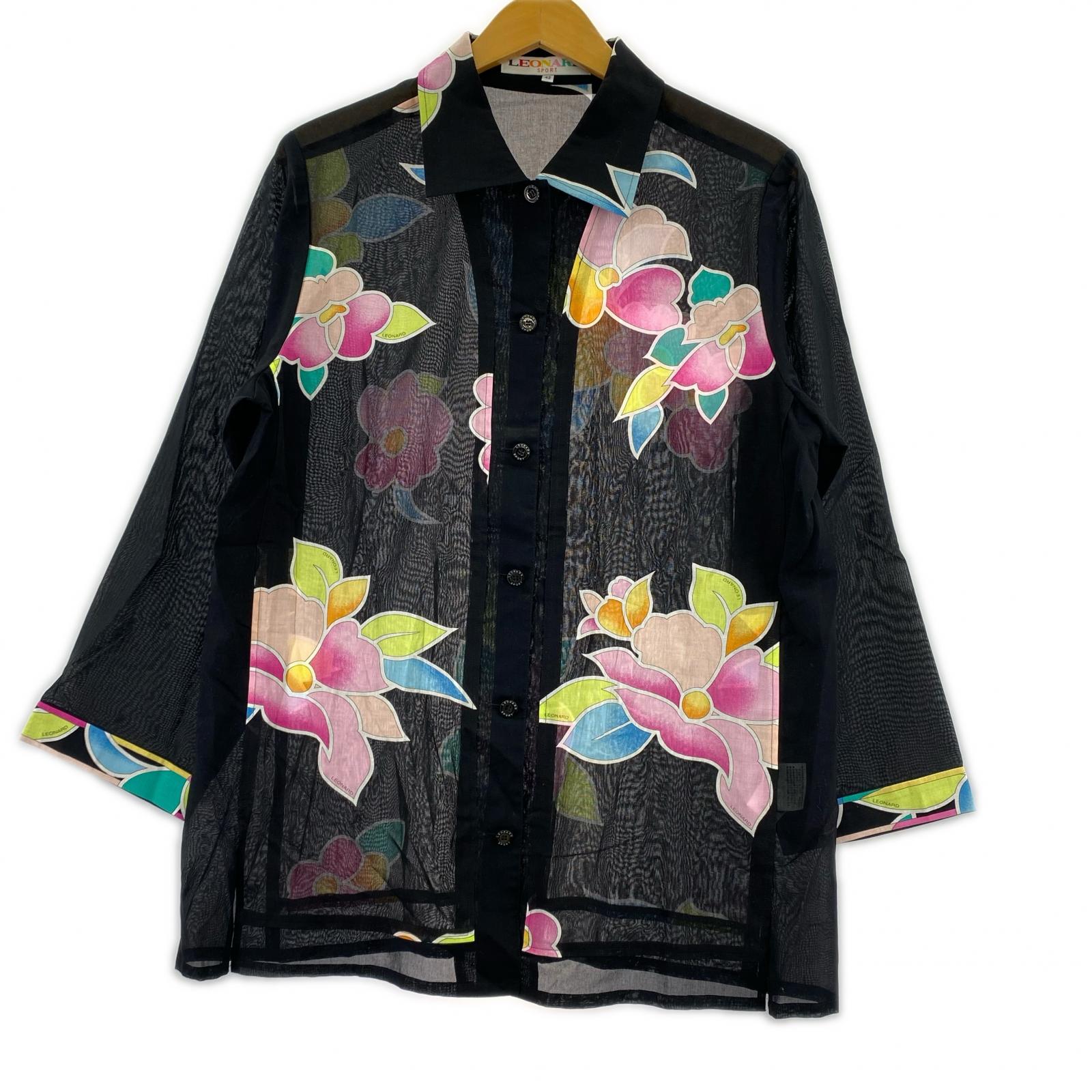 長袖シャツ 黒 花柄 コットン100% ブラック