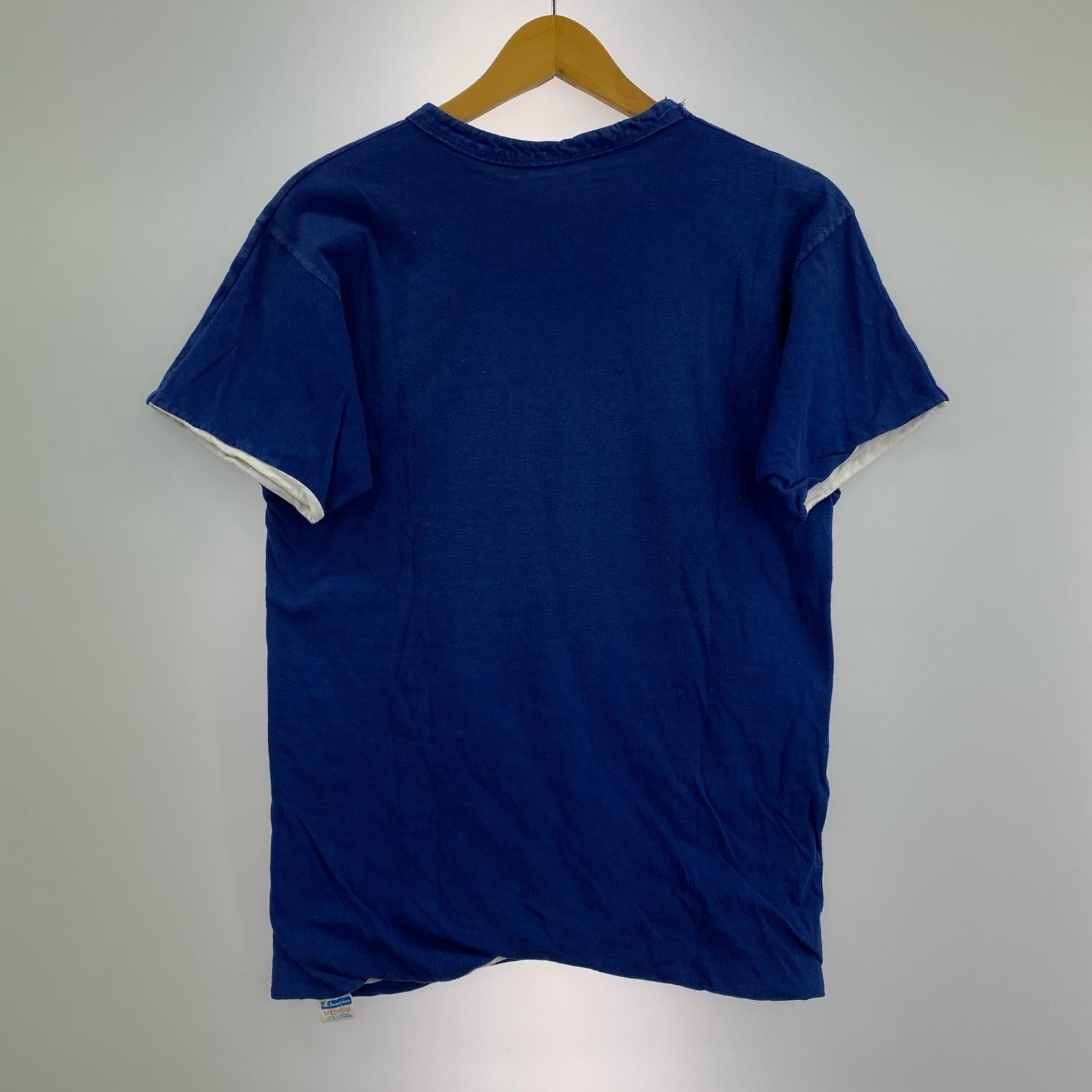 半袖Tシャツ Champion 70s バータグ ダブルフェイスプリントTee M ネイビー×ホワイト