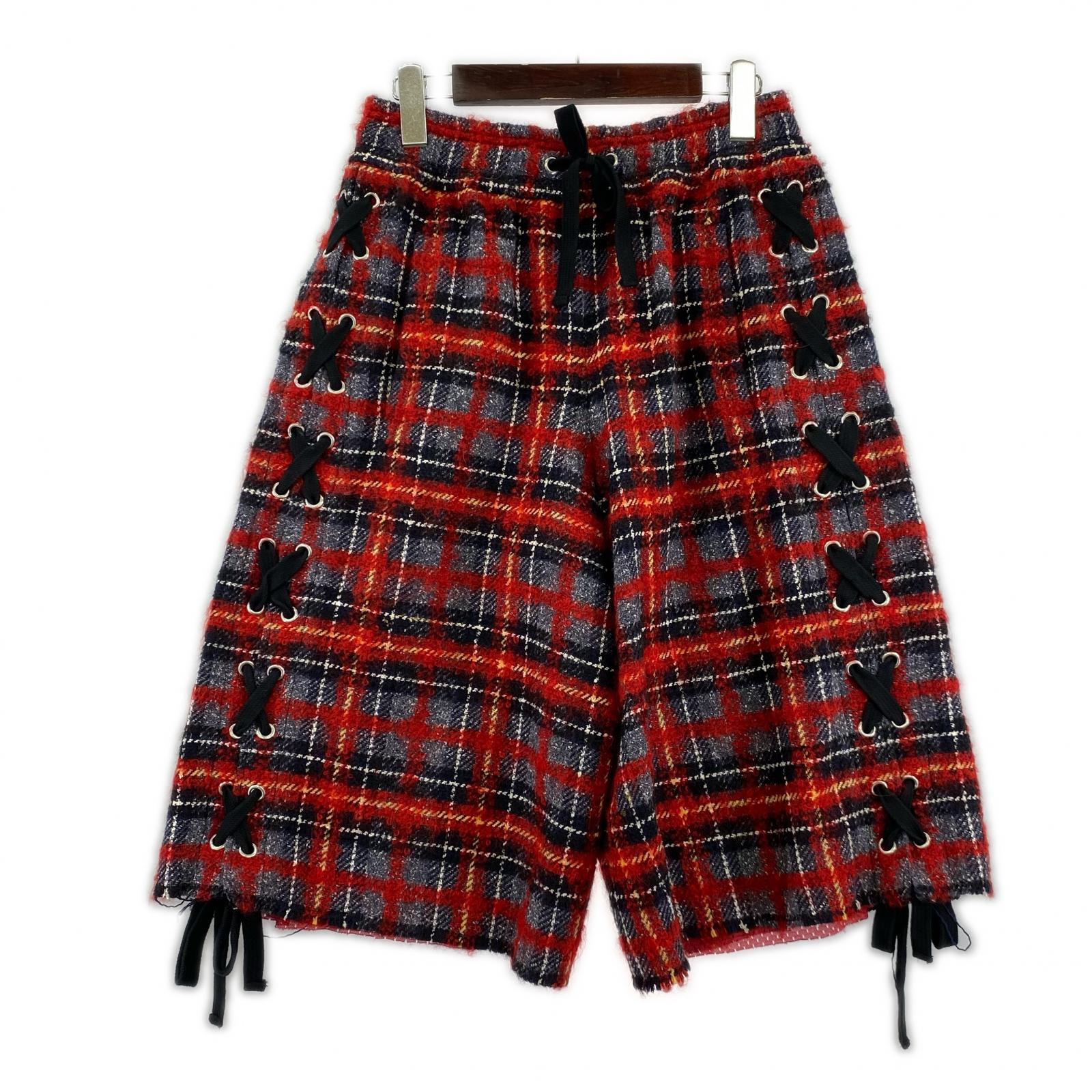 ショートパンツ FAITH CONNEXION サイドレースアップ モヘア混 ウールチェックショーツ XS 赤 レッド