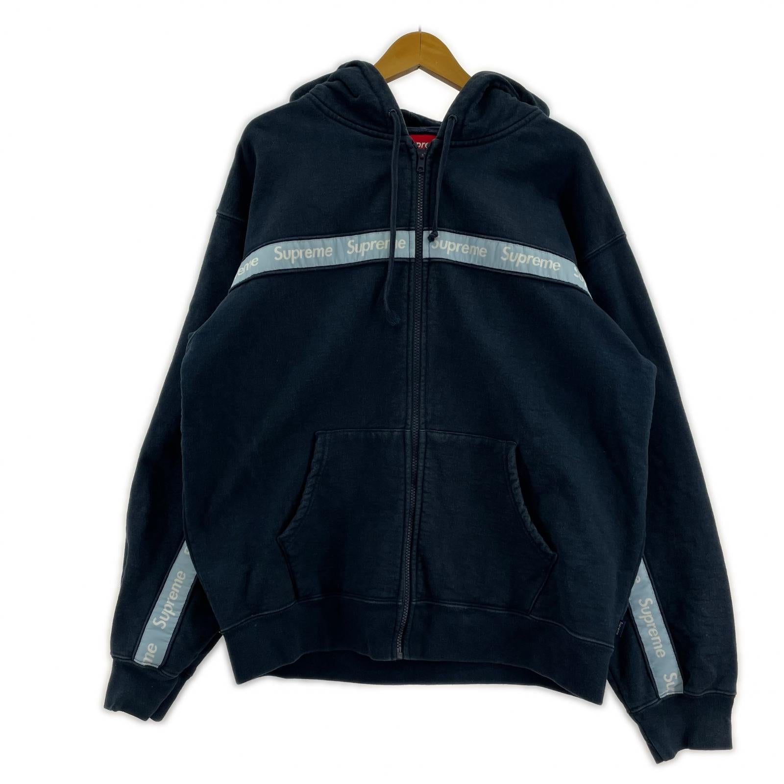 パーカー Text Stripe Zip Up Hooded Sweatshirt L ネイビー