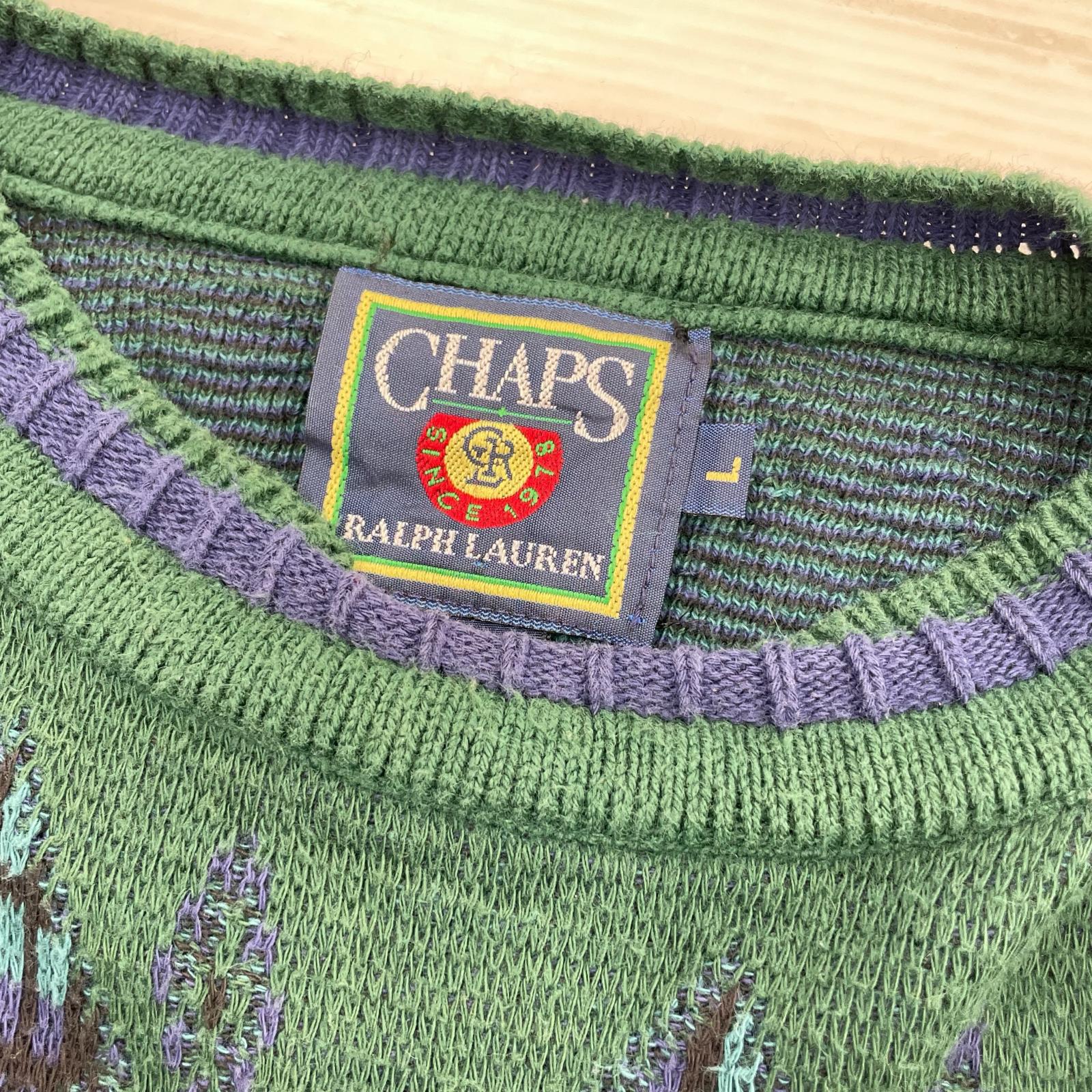 ニット 90s CHAPS USA製 コットン 総柄 緑 (L) L グリーン