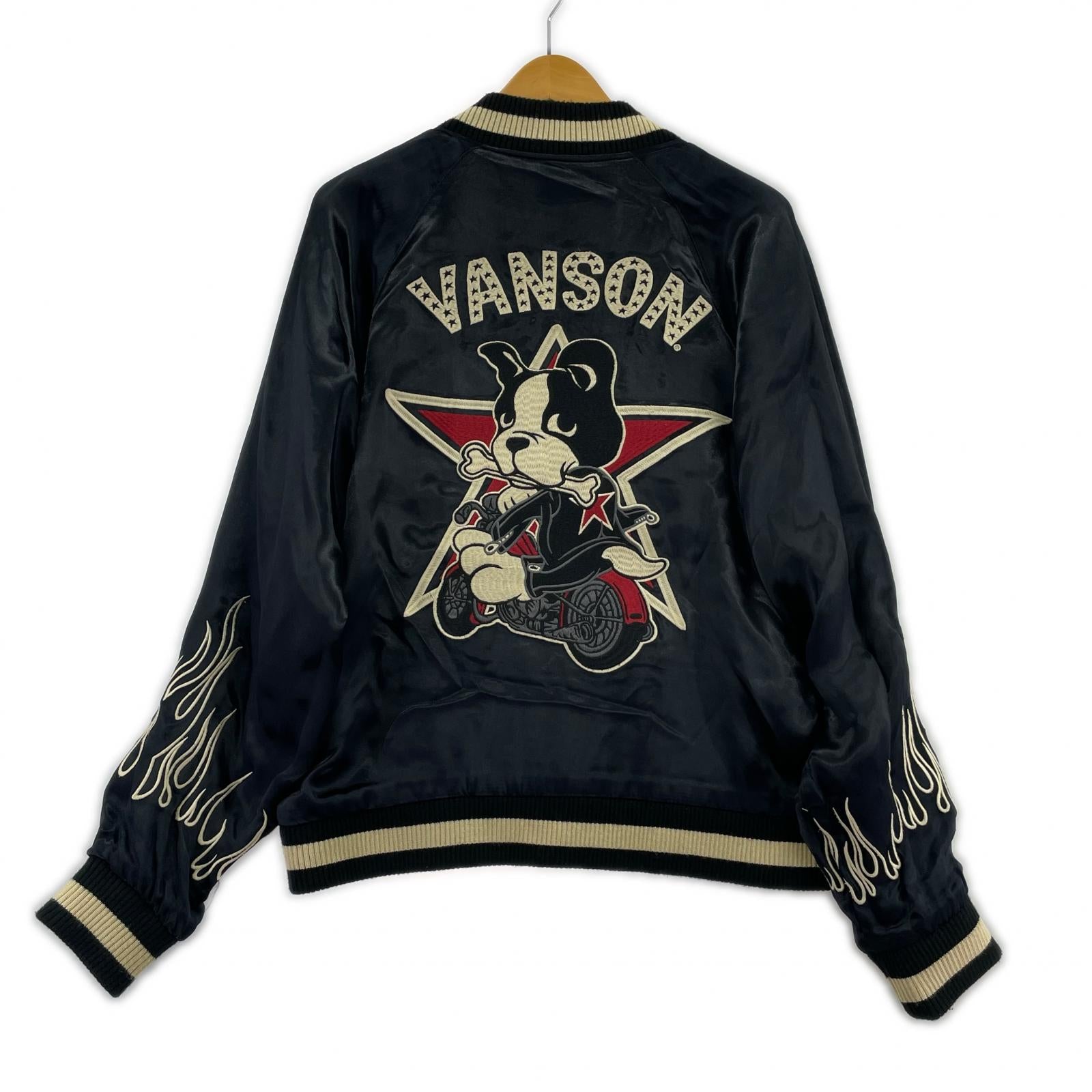 ジャケット VANSON ブルドッグ×スカル リバーシブルスカジャン M 黒 M