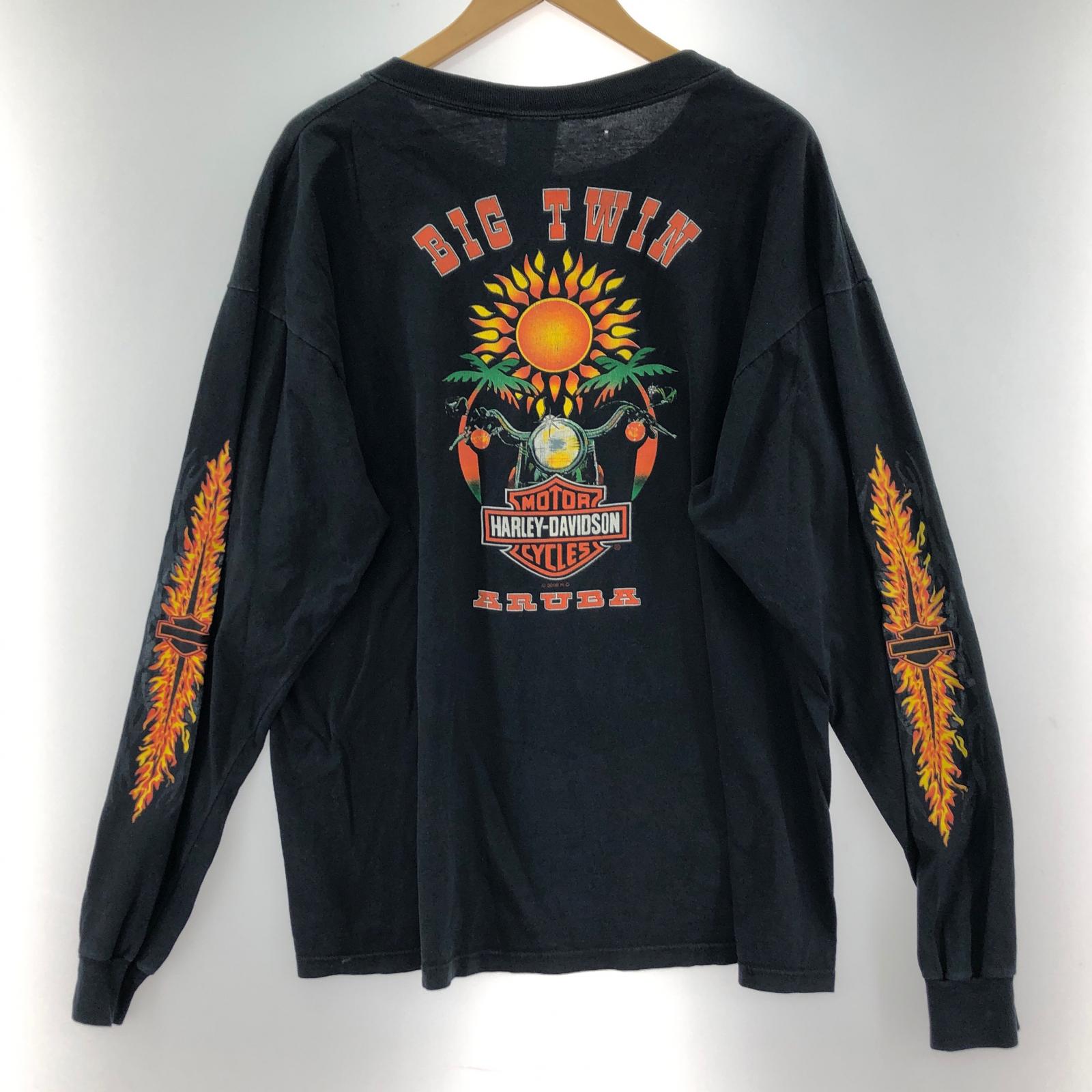 長袖Tシャツ 袖/フロントファイヤー バックバイク プリント 黒 XL ブラック