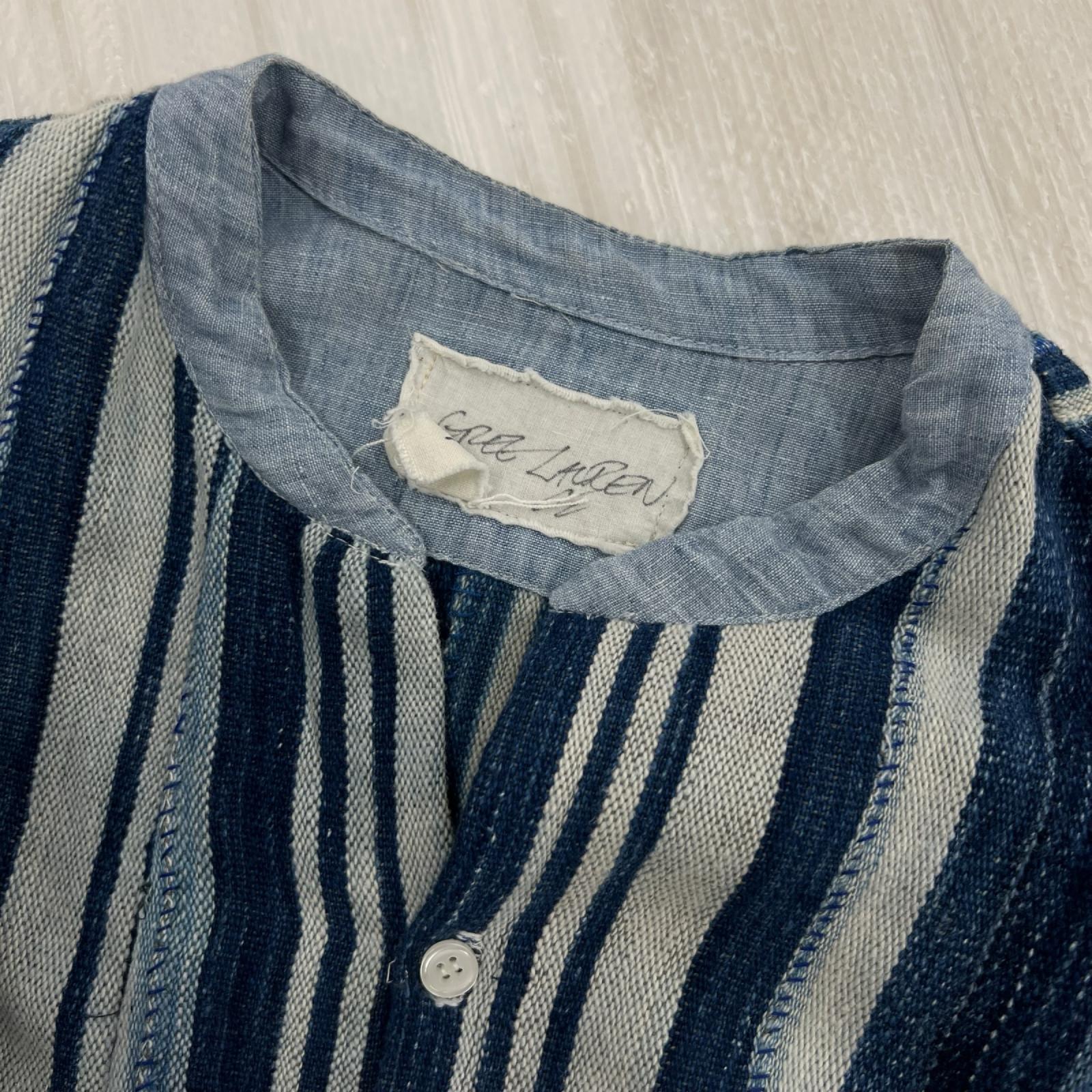 長袖シャツ GREG LAUREN アフリカンインディゴ リネンストライプシャツ 1 インディゴ 1 ブルー