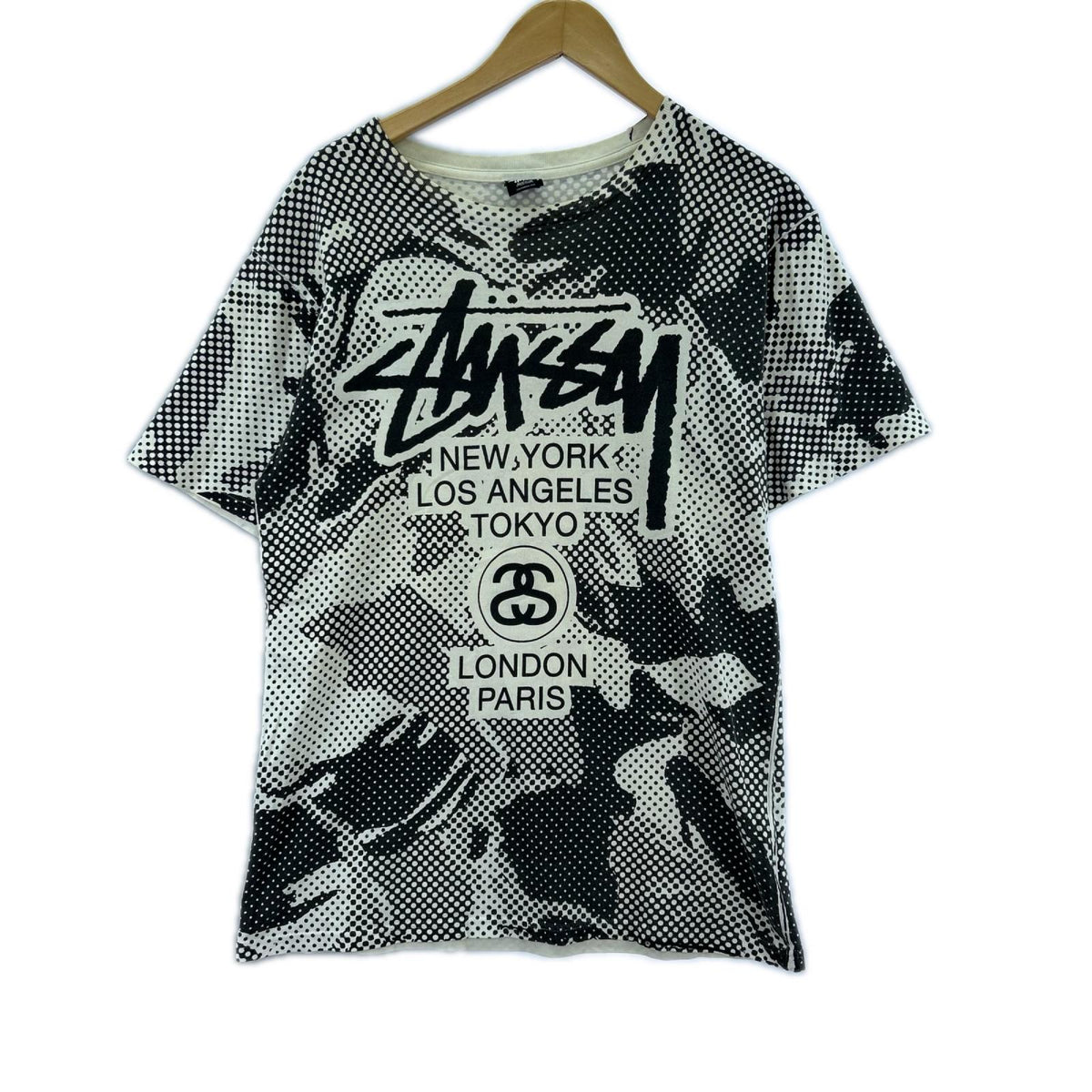 半袖Tシャツ STUSSY 大判ロゴプリントTEE 白 (M) M ブラック