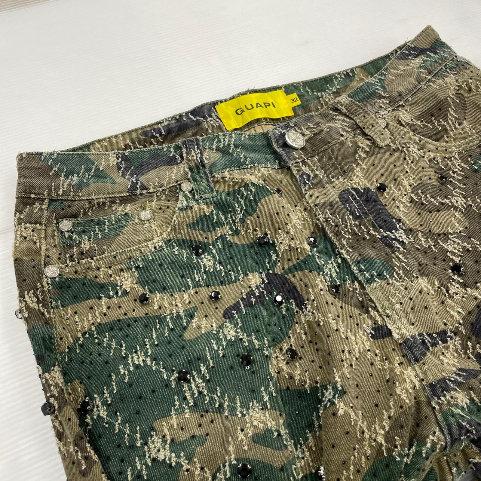 パンツ GUAPI ラインストーン カモフラパンツ 32 緑 32 グリーン