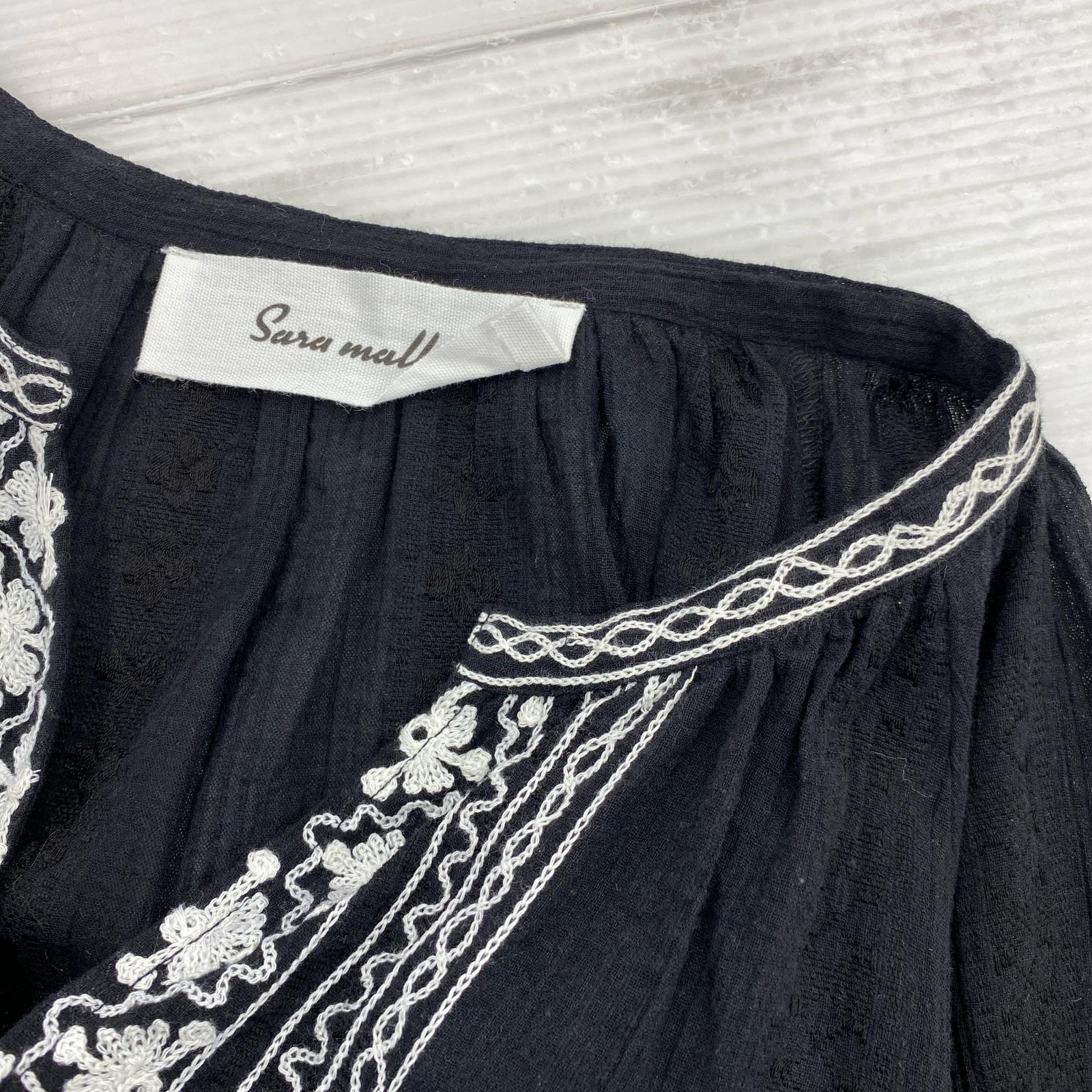 長袖Tシャツ sara mallika/刺繍/スキッパー/黒 ブラック