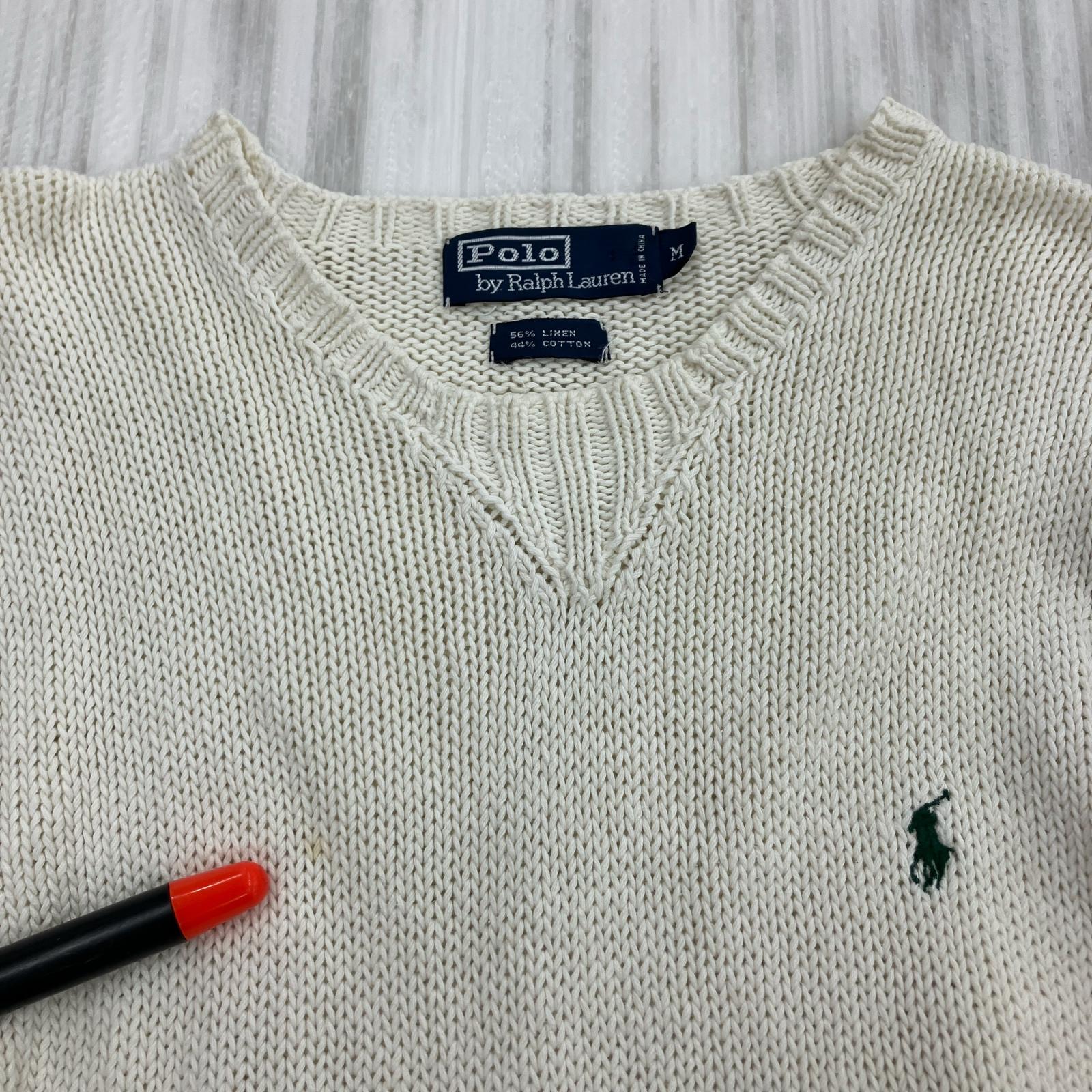ニット 90s Vネック リネンコットン 白 (M) M ホワイト
