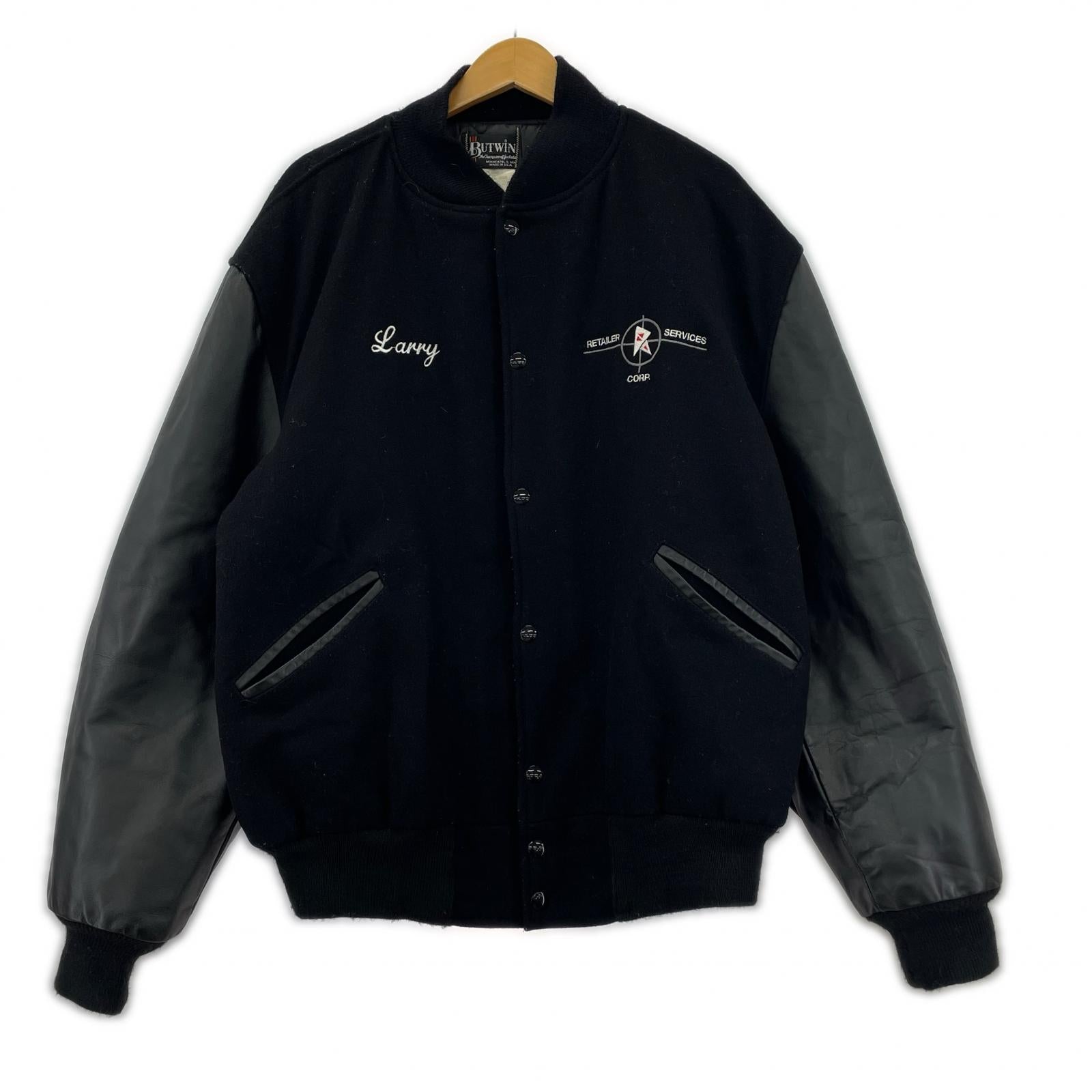 ジャケット 80s USA製 BUTWIN レザー切替ウールスタジャン ブラック ブラック
