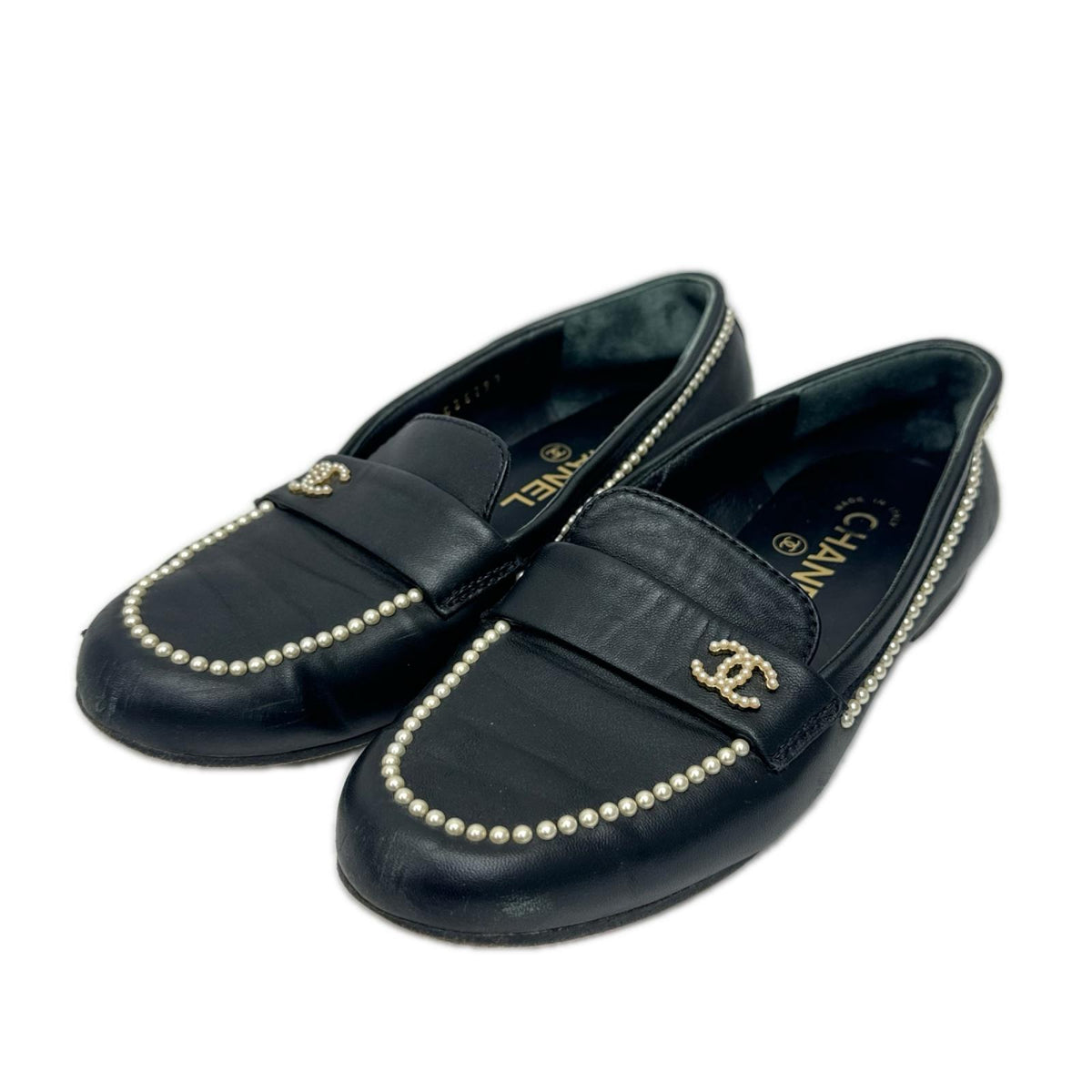 CHANEL ココマーク パール レザー ローファー 黒
