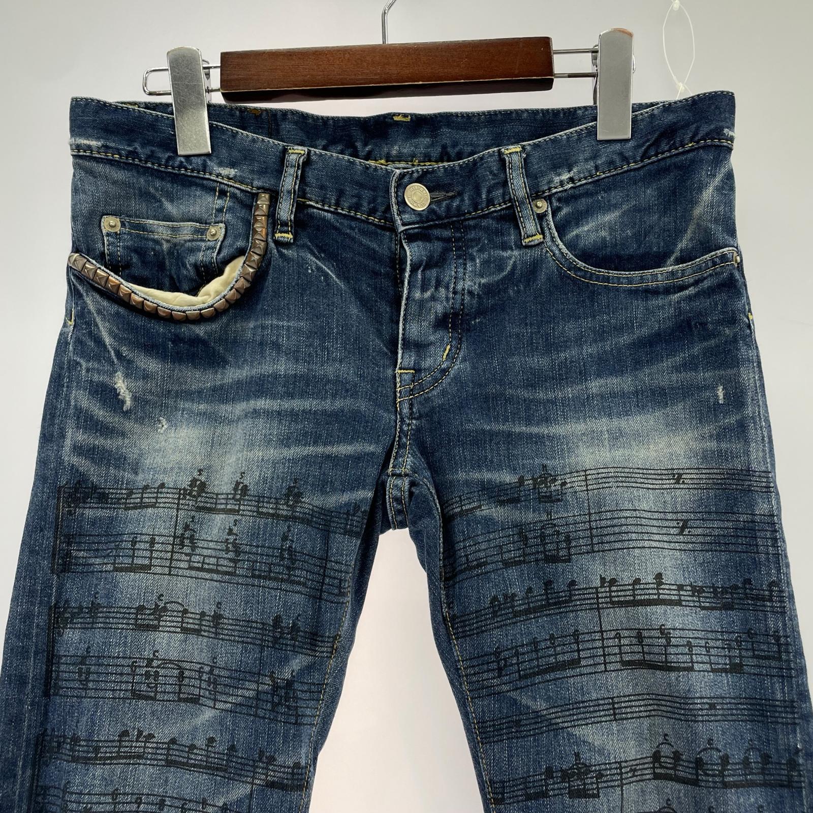 デニムパンツ SP加工音符プリントスタッズデニム M ブルー