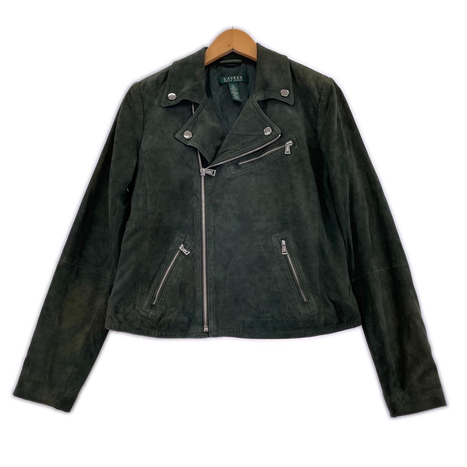 レザージャケット LAUREN RALPH LAUREN 裏キルティング スエードダブルライダースジャケット S ダークオリーブ S