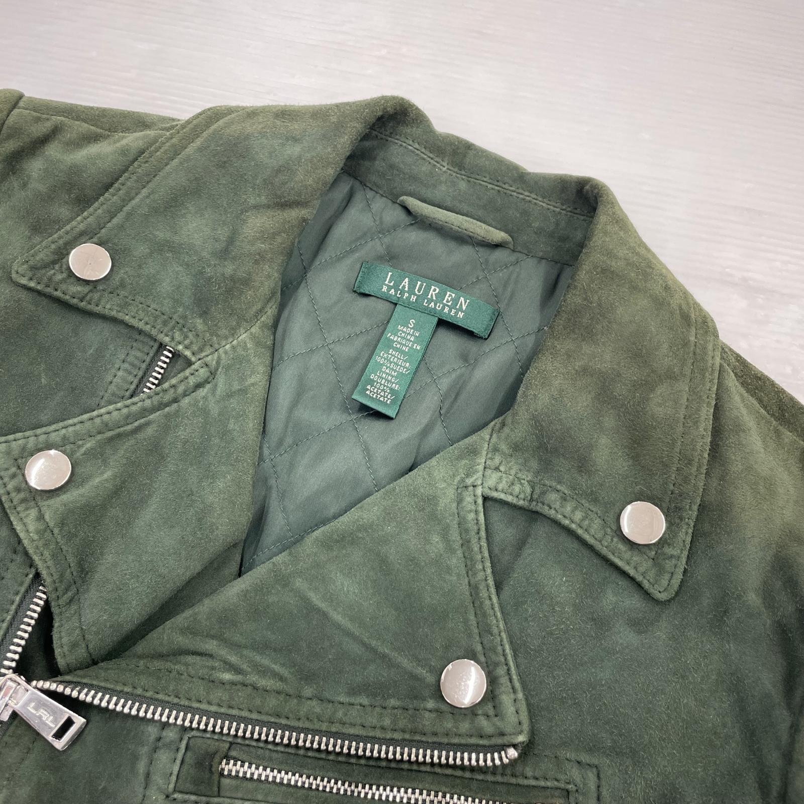 レザージャケット LAUREN RALPH LAUREN 裏キルティング スエードダブルライダースジャケット S ダークオリーブ S