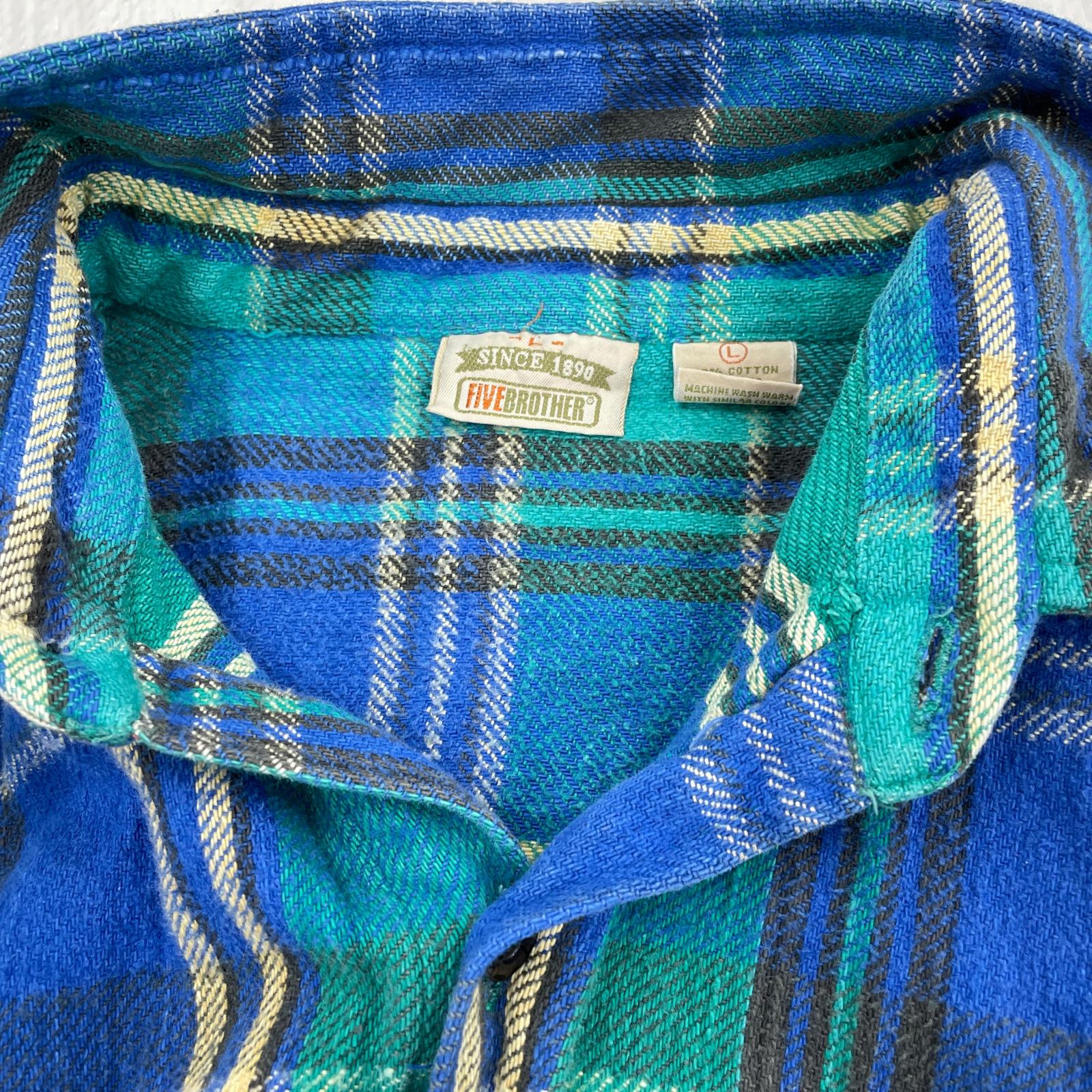 長袖シャツ OLD バングラディシュ製 ネルシャツ 青 L ブルー