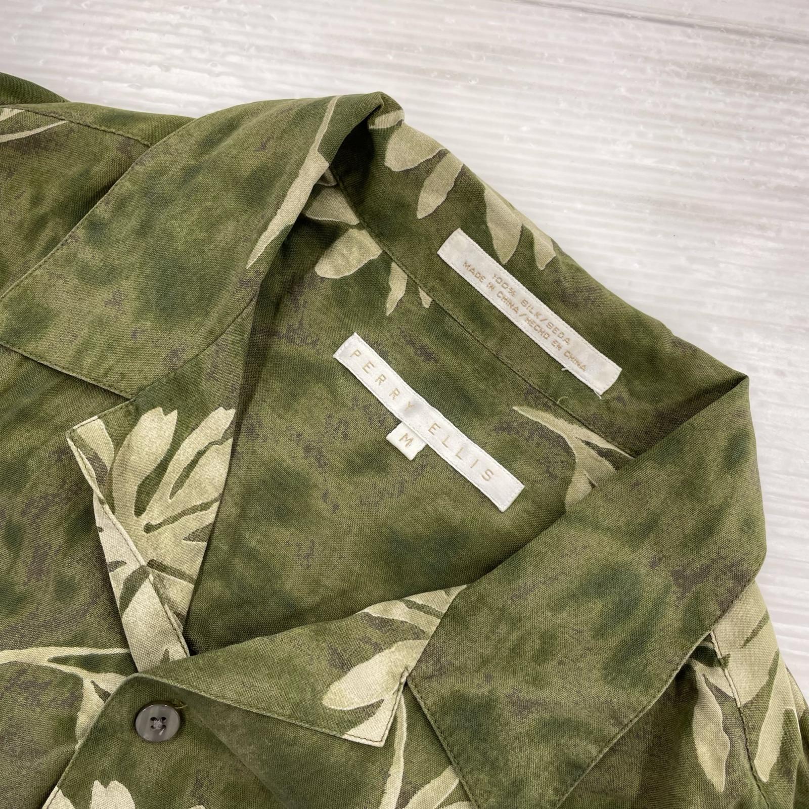 半袖シャツ PERRY ELLIS 開襟シャツGR ボタニカル柄 シルク100