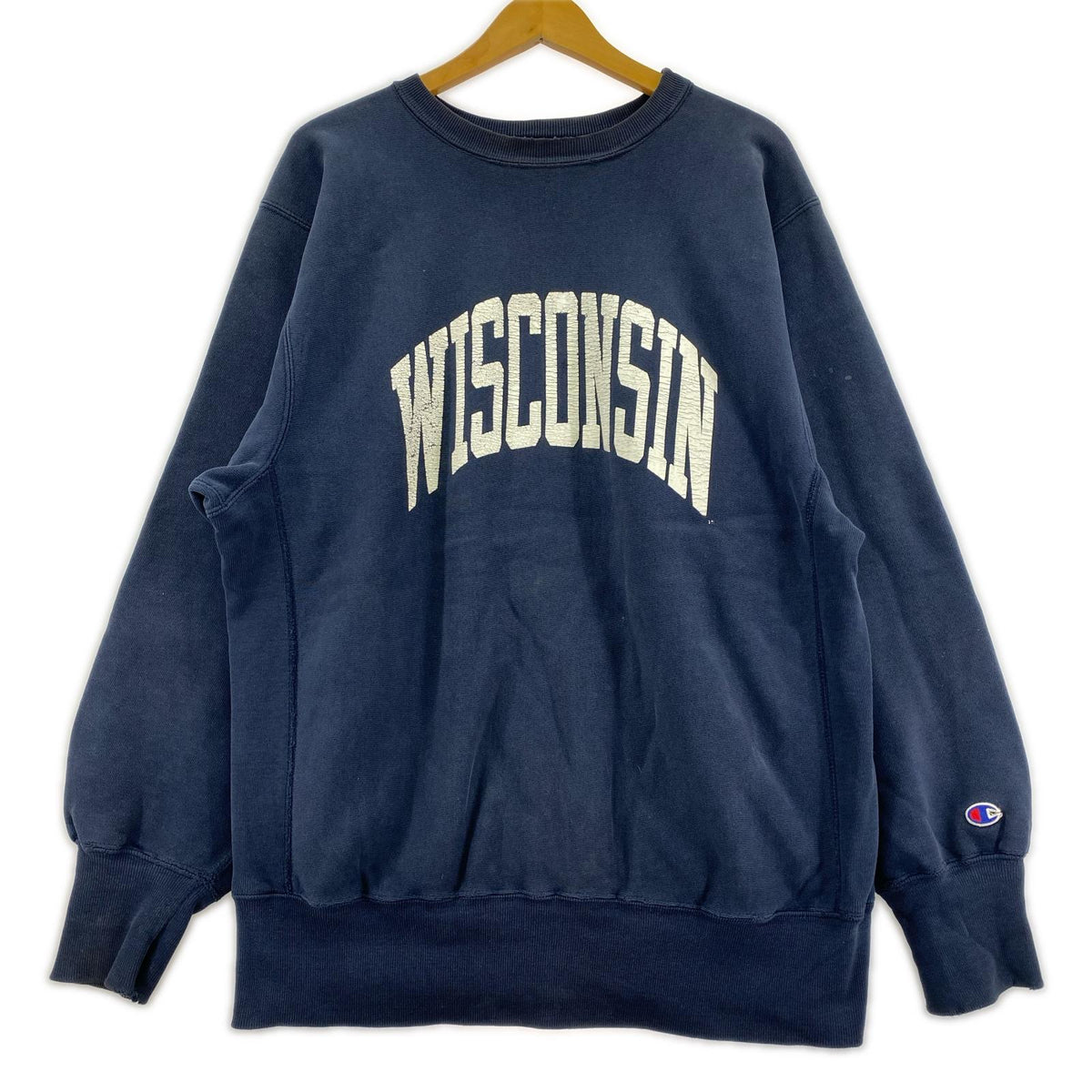 スウェット Champion 90s USA製 WISCONSIN リバースウィーブスウェット 紺 (XL) ネイビー