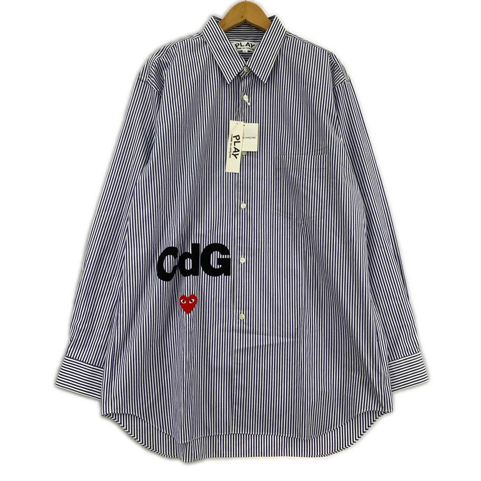 長袖シャツ ハートワッペン CdGロゴ ストライプ青(XL)