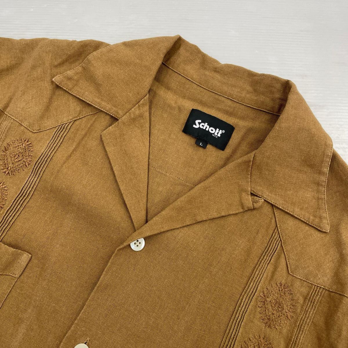 半袖シャツ LINEN GUAYABERA SHIRT L ブラウン