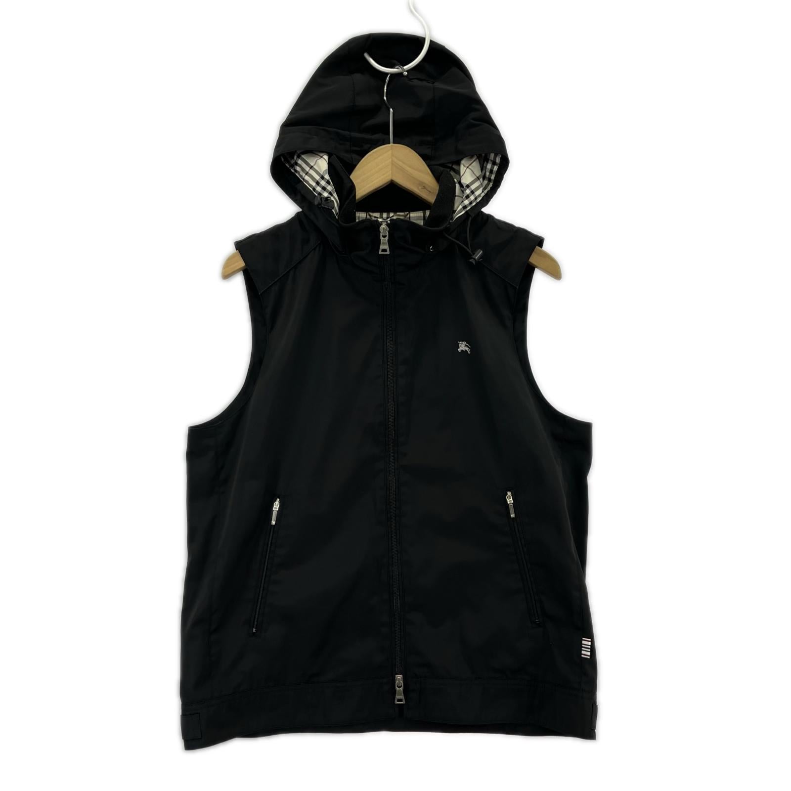 長袖シャツ BURBERRY BLACK LABEL ナイロンフーディベスト 裏地チェック 黒 (L) L グレー