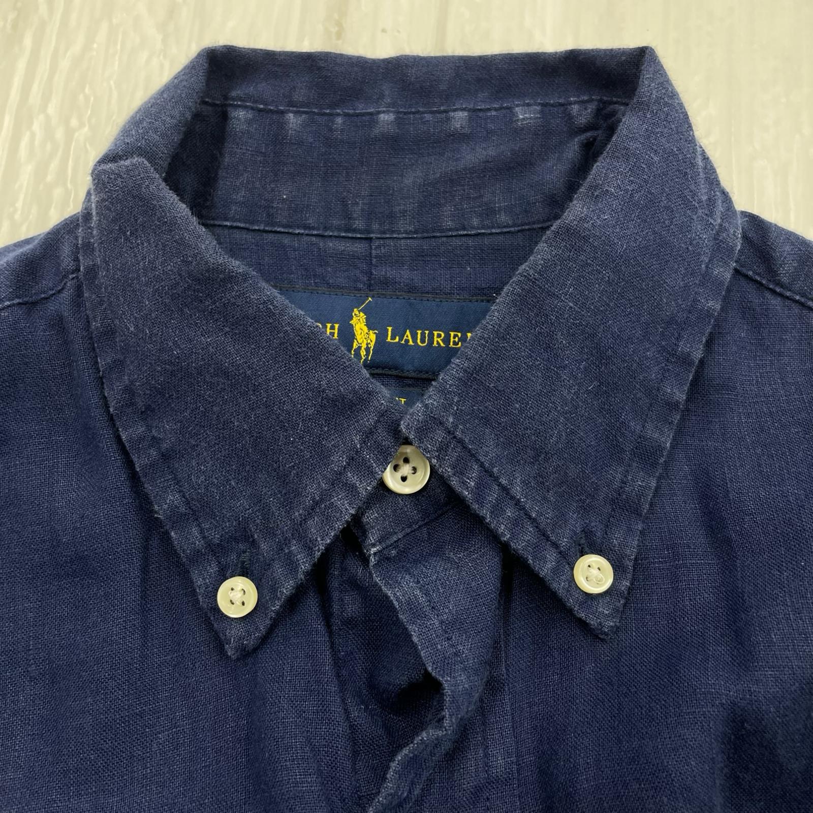 長袖シャツ リネン ボタンダウン 刺繍 紺