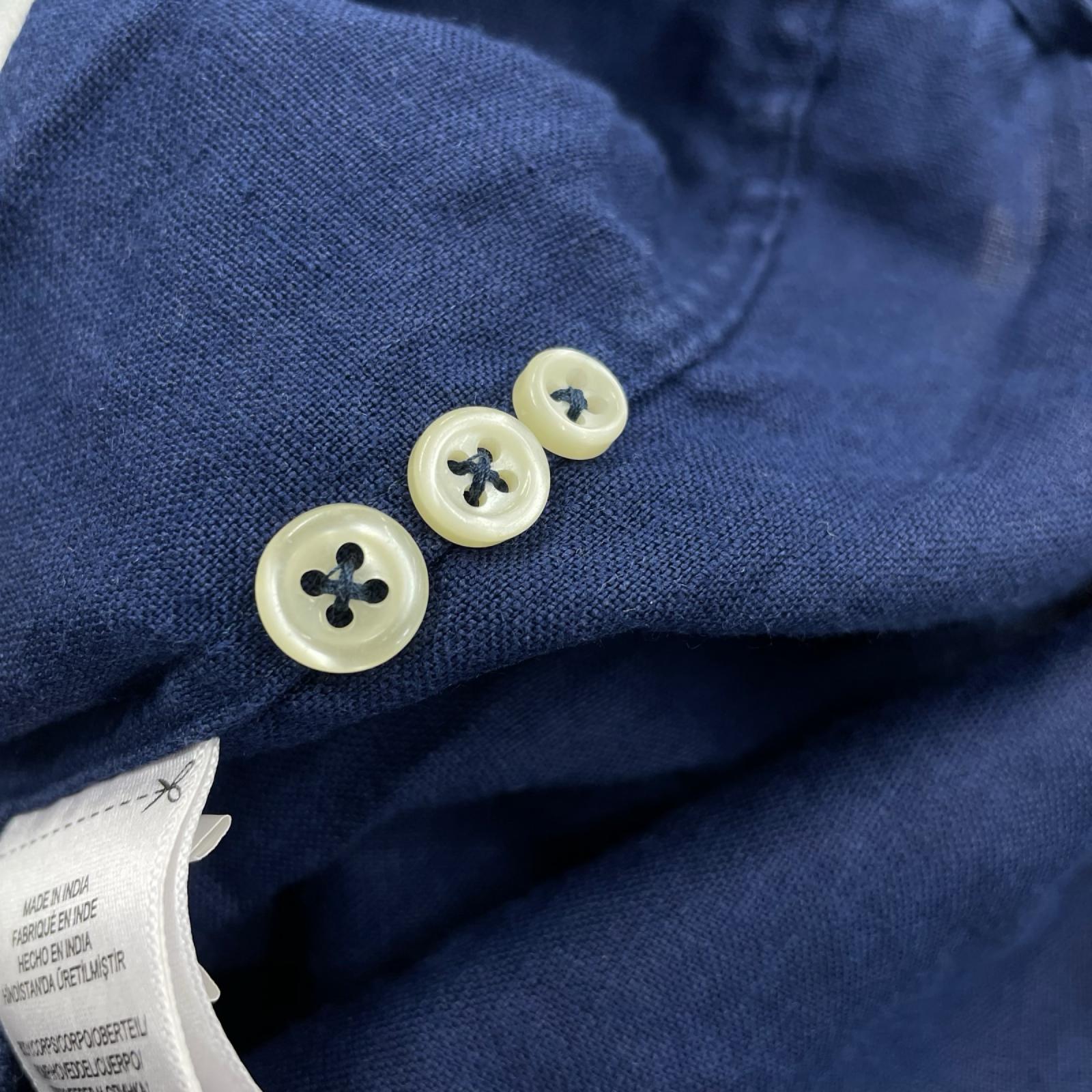 長袖シャツ リネン ボタンダウン 刺繍 紺