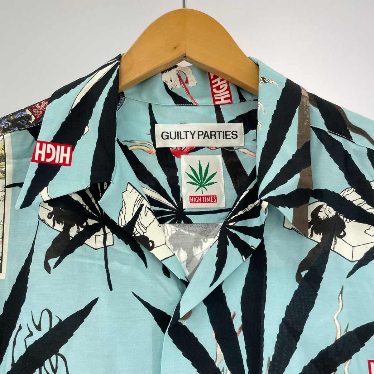 半袖シャツ ×HIGH TIMES 総柄 アロハシャツ 青 L L ブルー