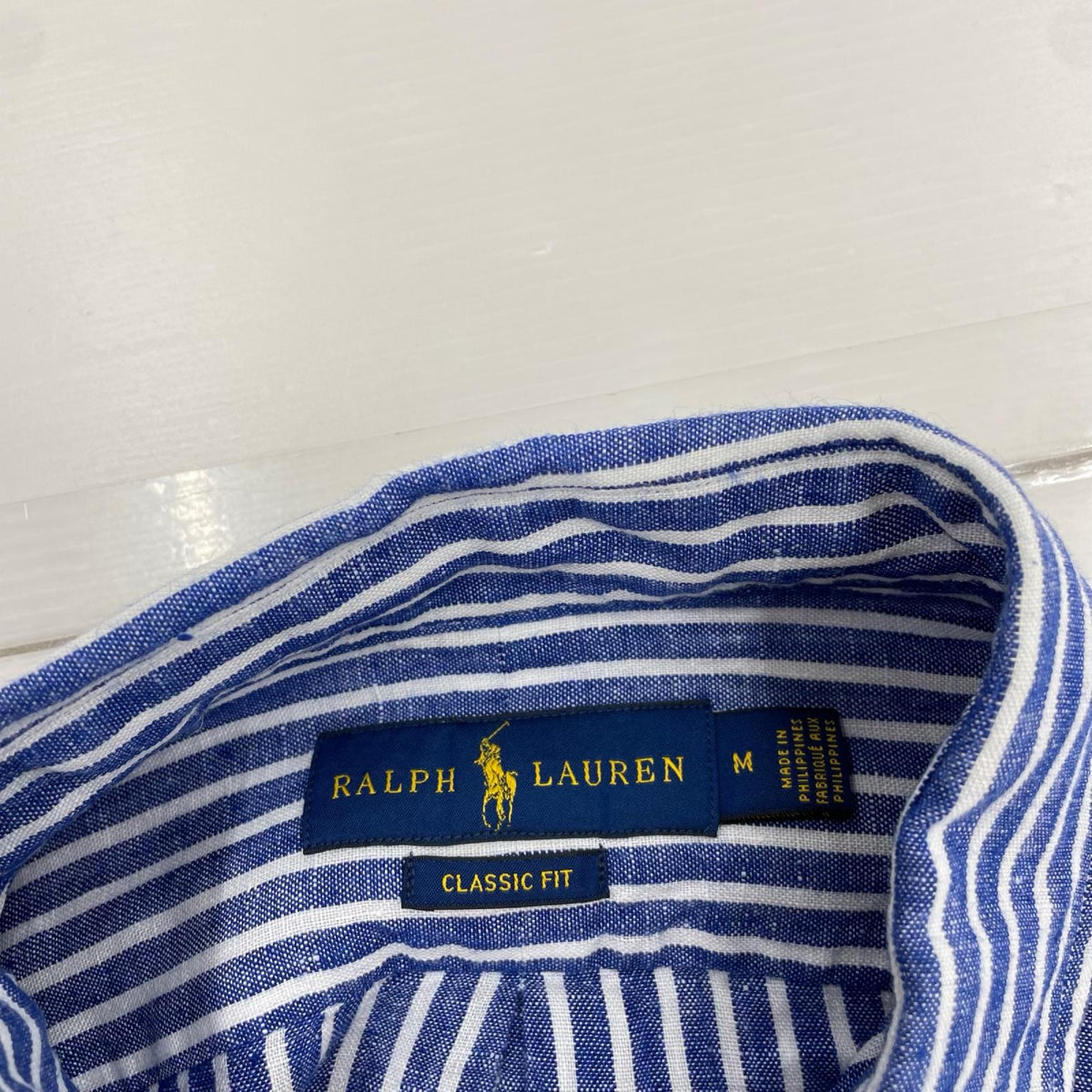 長袖シャツ リネン ストライプシャツ 青 M