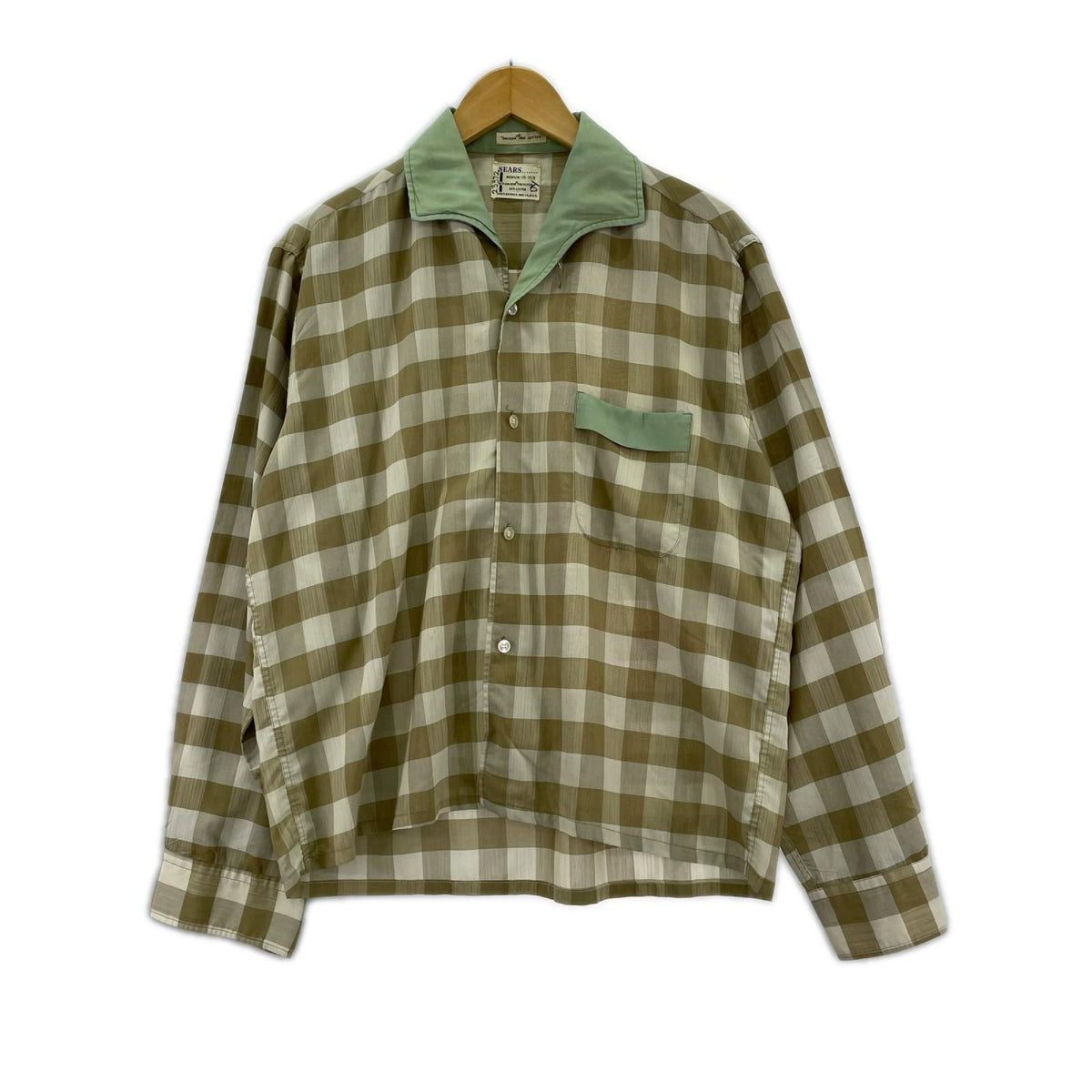 長袖シャツ Sears 襟切替オープンカラーチェックシャツ BEG (M) M