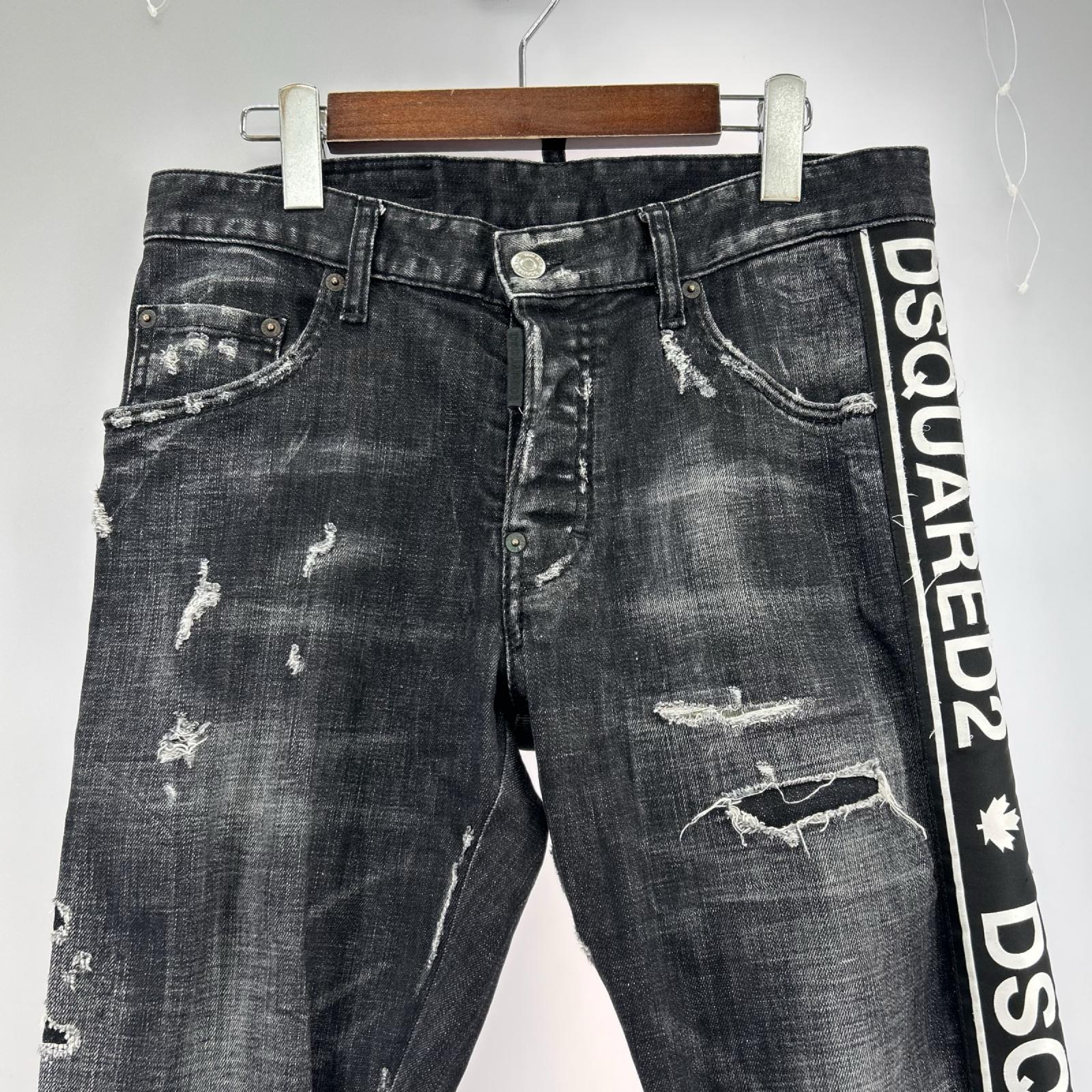 デニムパンツ SKATER JEAN スキニーデニム ダメージ加工 ロゴライン 46 ブラック