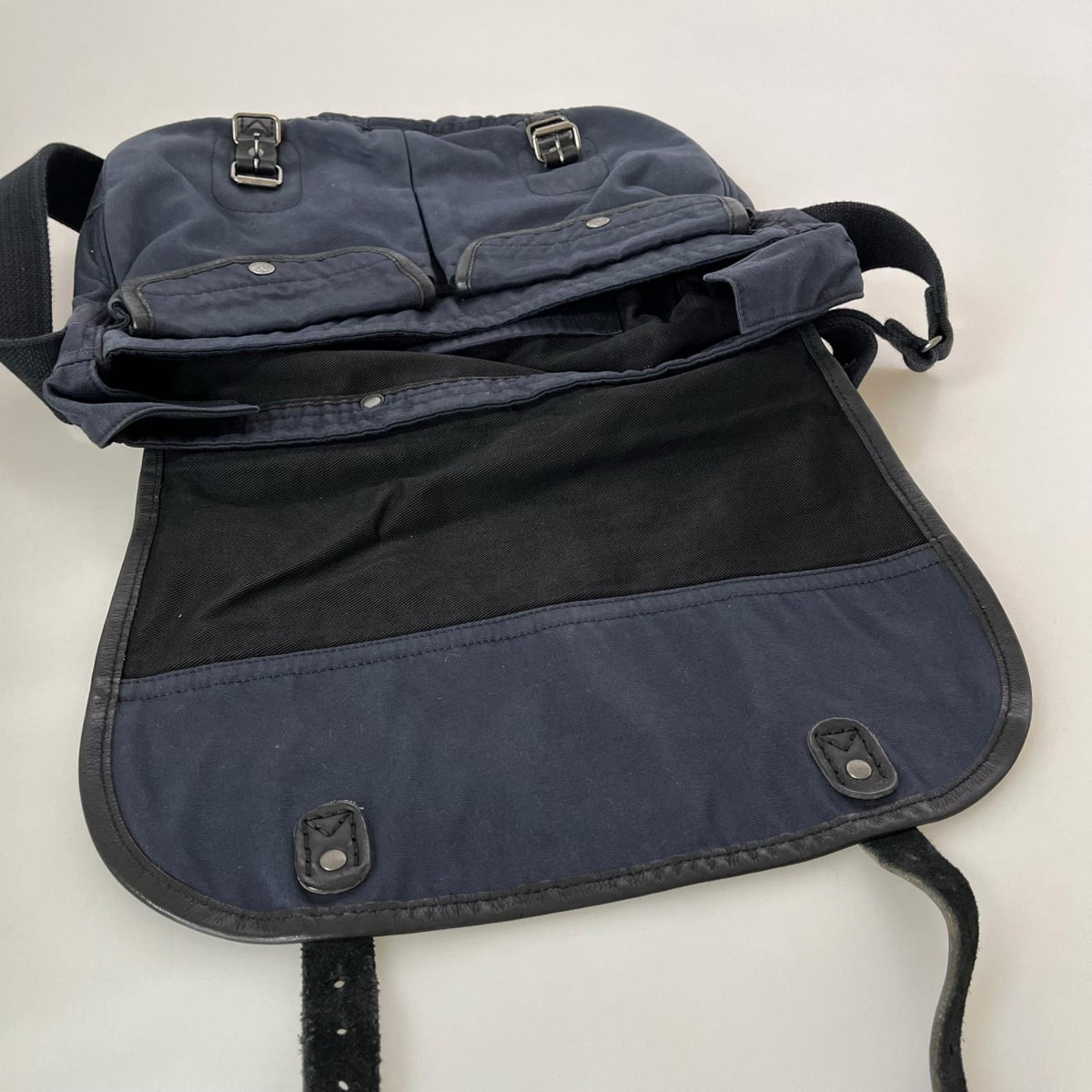 ショルダーバッグ RRL レザー×キャンバス ショルダーバッグ ネイビー×ブラック