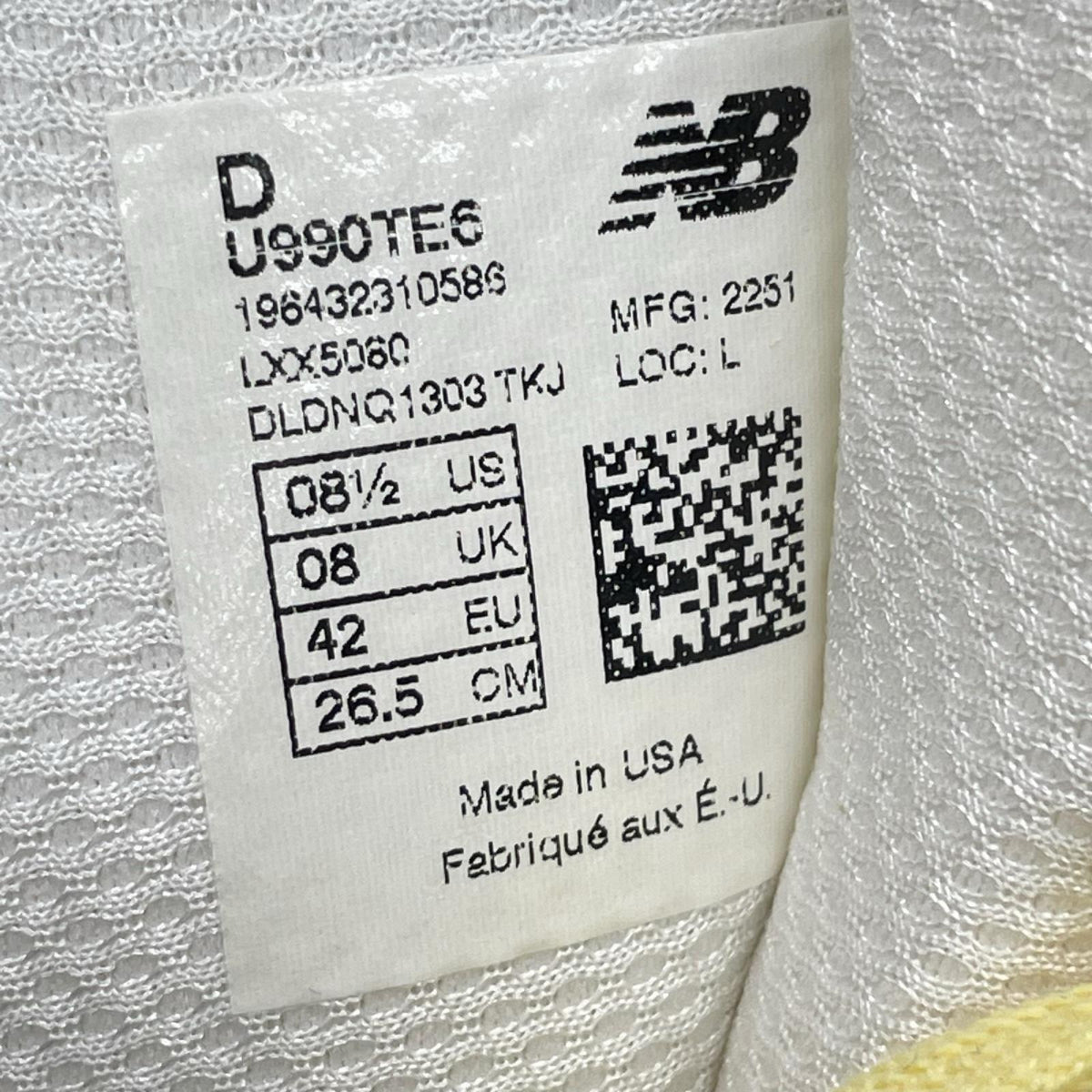 スニーカー NEW BALANCE USA製 990V6 U990TE6 PALE YELLOW 26.5cm (US8 1/2 UK8 EU43) イエロー