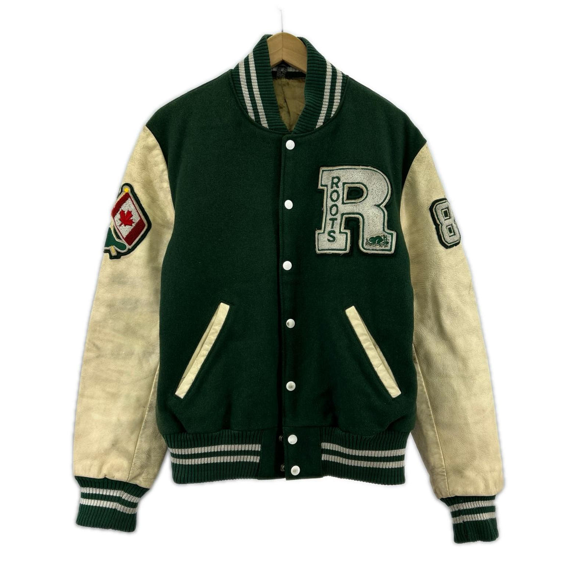 ジャケット 90S カナダ製 ROOTS 袖レザー スタジャン 緑 (M) M グリーン