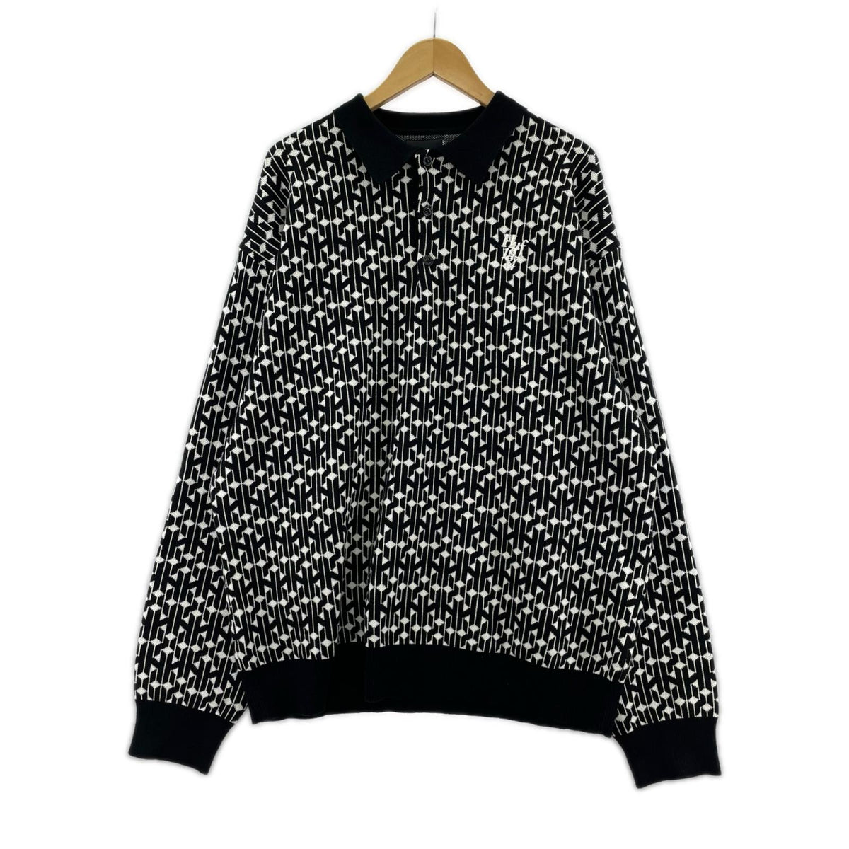 ニット 幾何学模様 L/S ニットポロ BLK XL ブラック